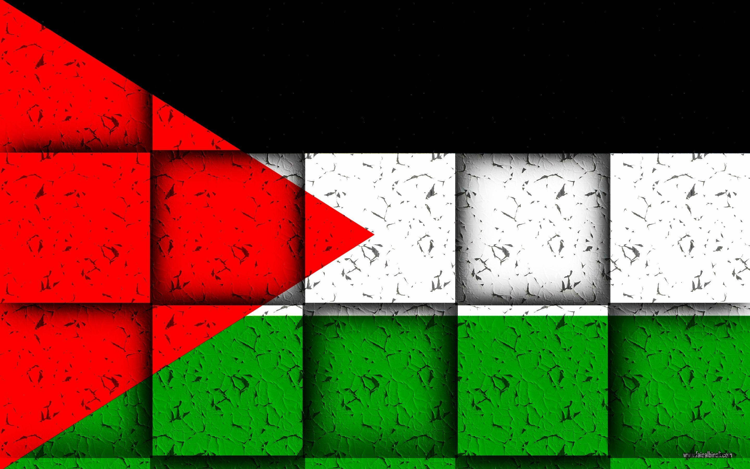 Palestine 桌布 壁紙 — 一個風格化的巴勒斯坦國旗，帶有裂紋質感，出現在星空黑色背景上的幾何網格圖案中。
