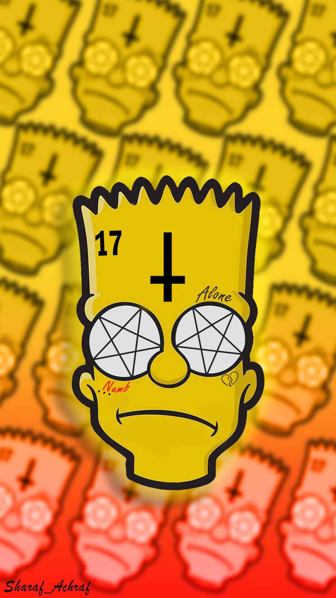 Bart Simpson Aesthetic 桌布 壁紙 — 一個風格化的巴特·辛普森面孔，眼睛上有五角星圖案，並帶有「17 Alone」文字，背景是他頭部的黃色和紅色漸變重複圖案。