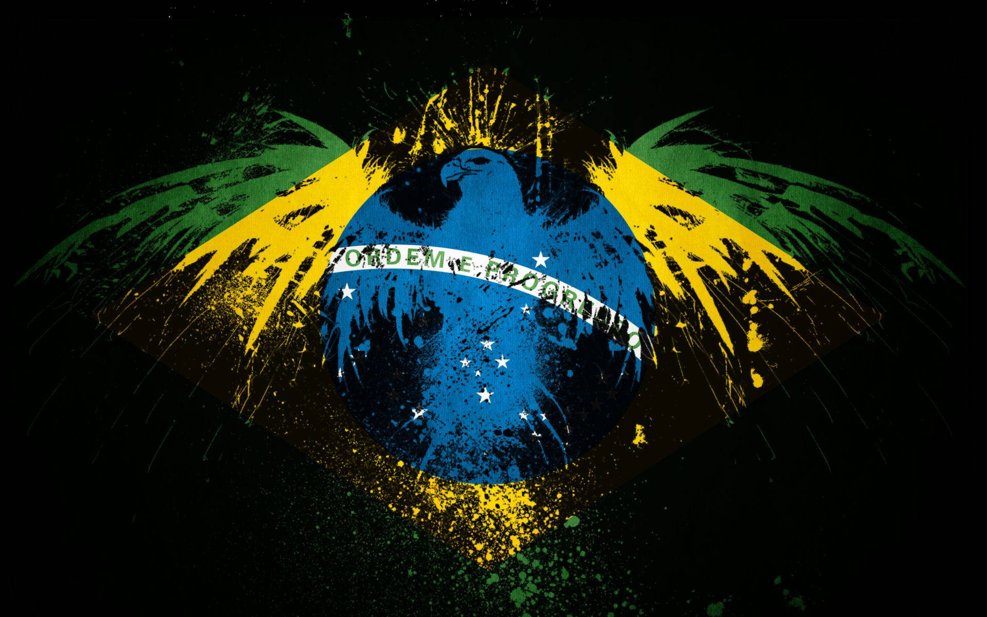 Brazil Flag 桌布 壁紙 — 一個風格化的巴西國旗，帶有垃圾紋理和油漆飛濺效果，背景為黑色。