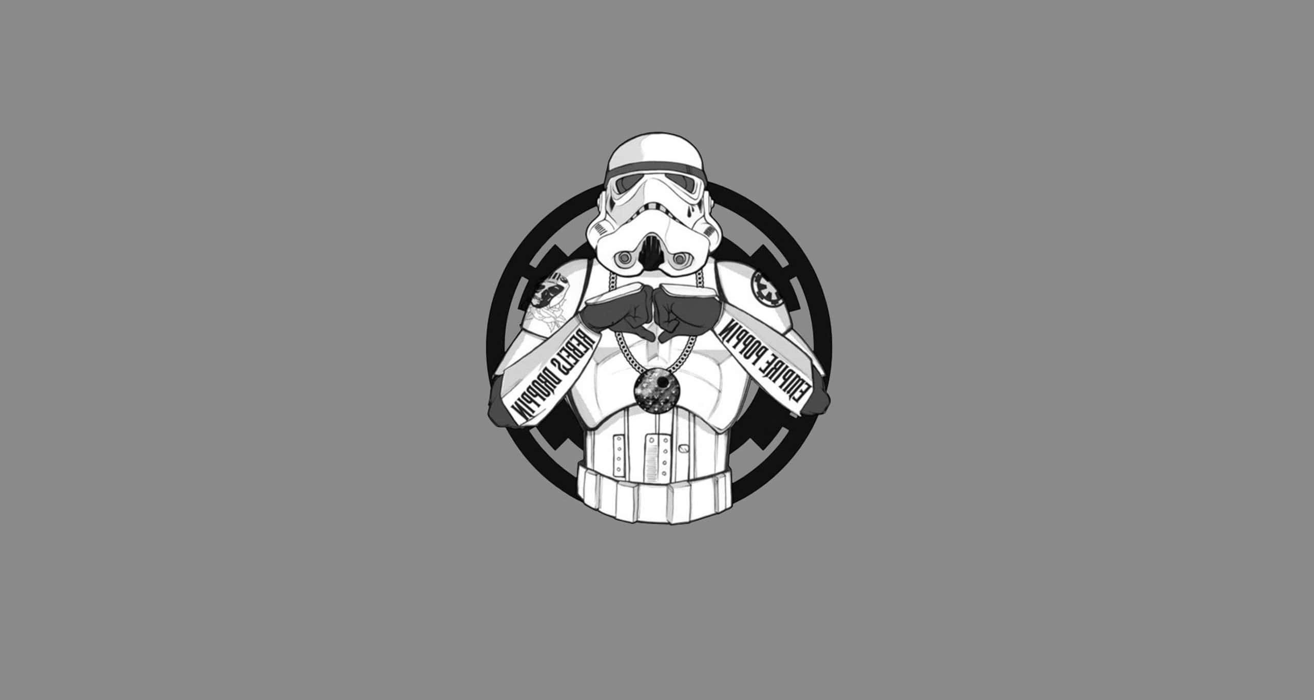 Star Wars Clone Troopers 桌布 壁紙 — 一個風格化的帝國風暴兵，戴著領結和項鍊，位於灰色背景上的圓形徽章中央。