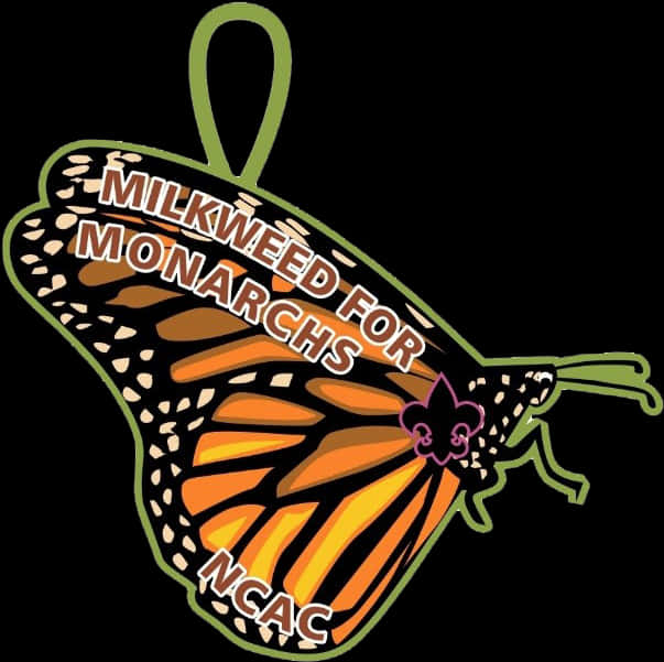 Monarch Butterfly 桌布 壁紙 — 一個風格化的帝王蝶形標籤，帶有橙色、黑色和白色的翅膀，在黑色背景上宣傳馬利筋以吸引帝王蝶。
