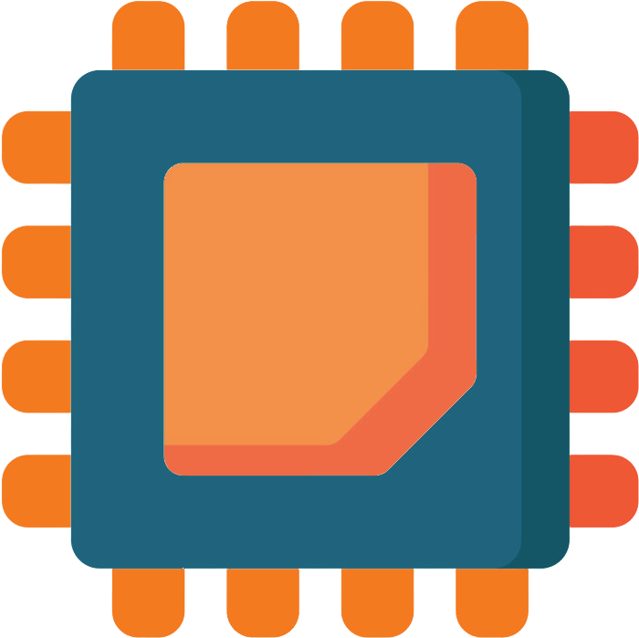 Cpu 桌布 壁紙 — 一個風格化的平面圖標，描繪一個帶有橙色引腳和青綠色外殼的方形微晶片，背景為白色。