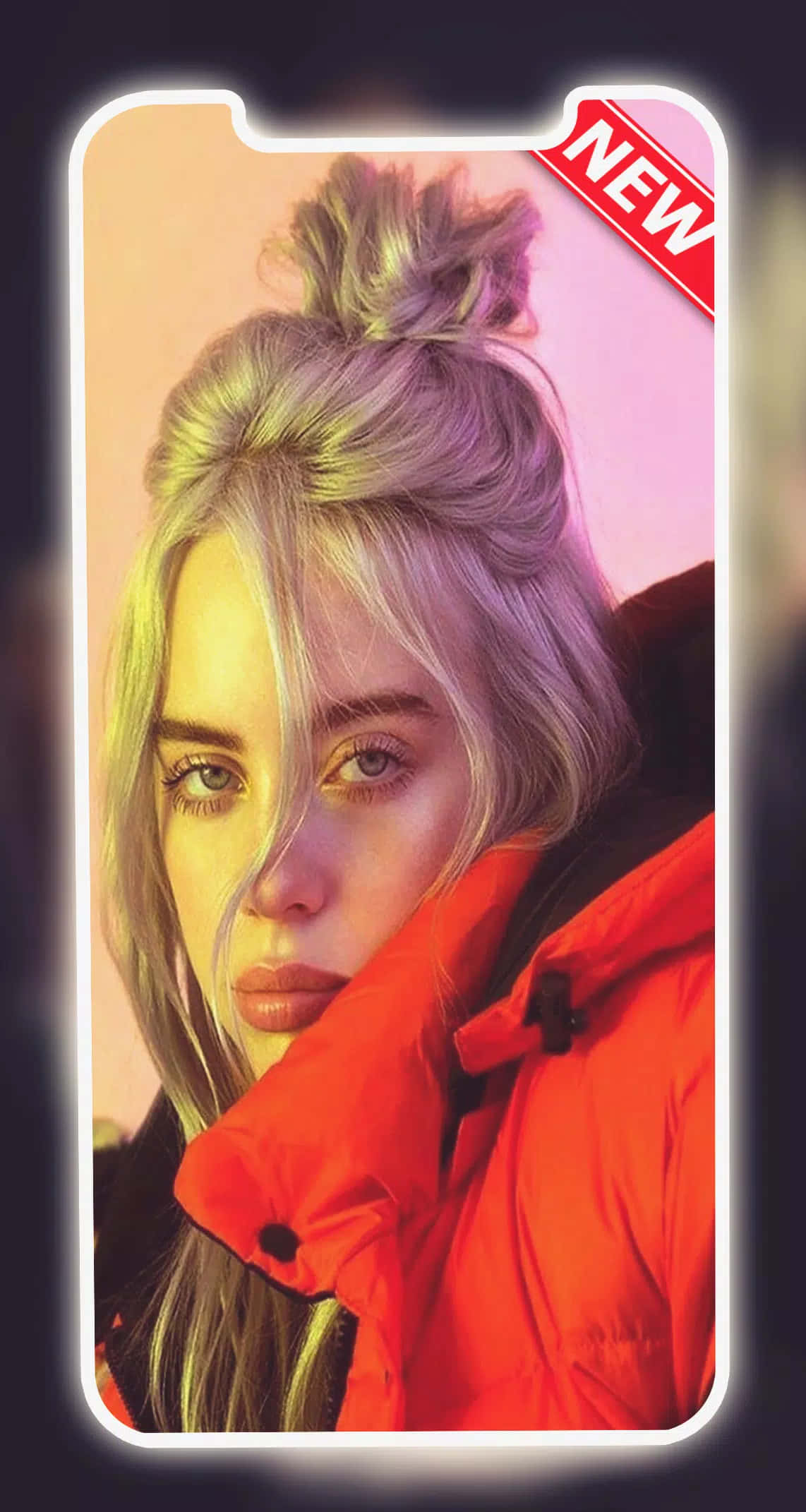 Billie Eilish 2021 桌布 壁紙 — 一個風格化的年輕女性肖像，金髮盤成髮髻，穿著紅色夾克，在溫暖的霓虹燈光下。