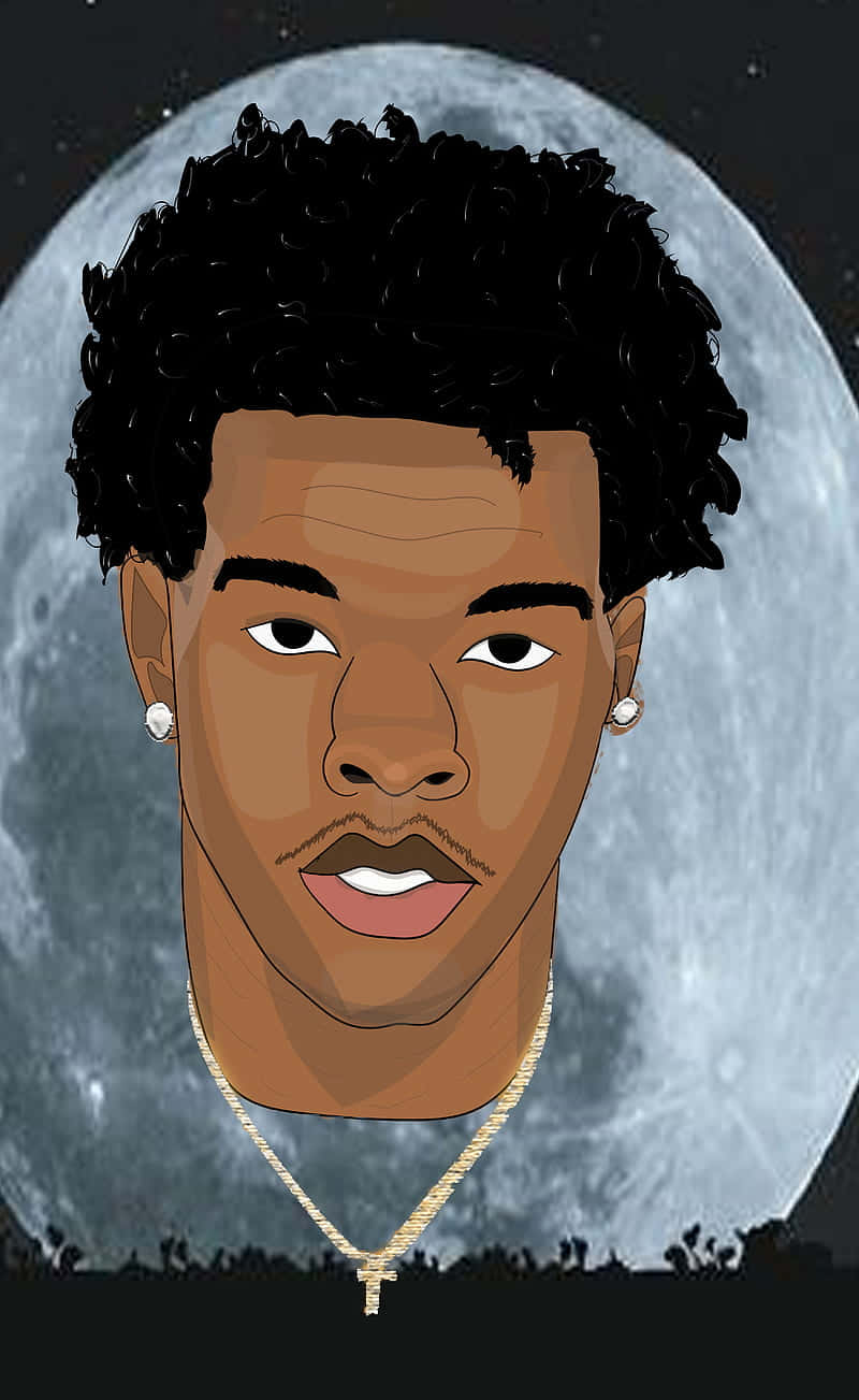 Lil Baby Cartoon 桌布 壁紙 — 一個風格化的年輕男子肖像，擁有捲髮和金鏈，背景是巨大的月亮。