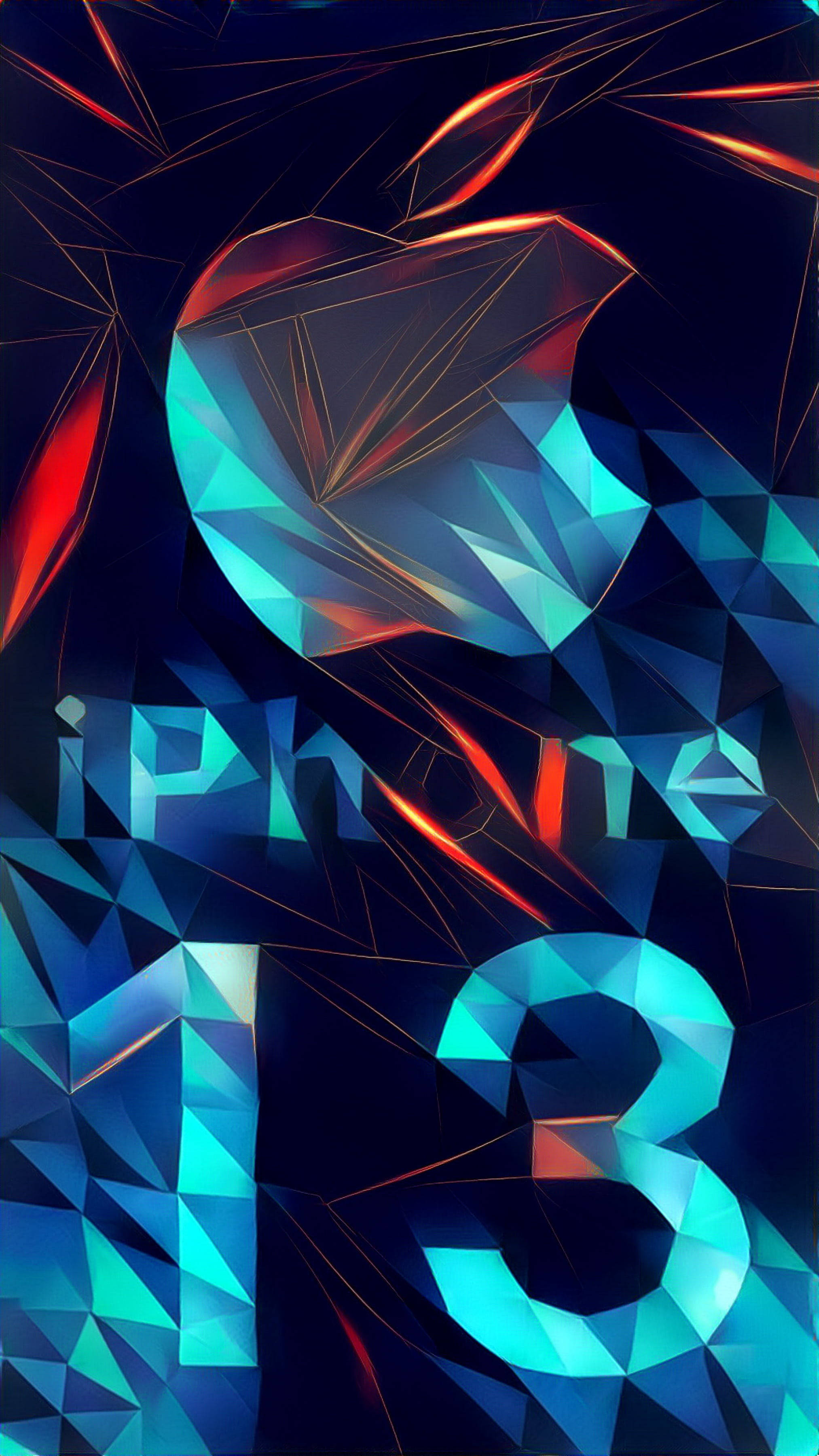 蘋果 桌布 壁紙 — 一個風格化的幾何iPhone 13標誌，帶有發光的藍色和紅色切面，背景為深色。