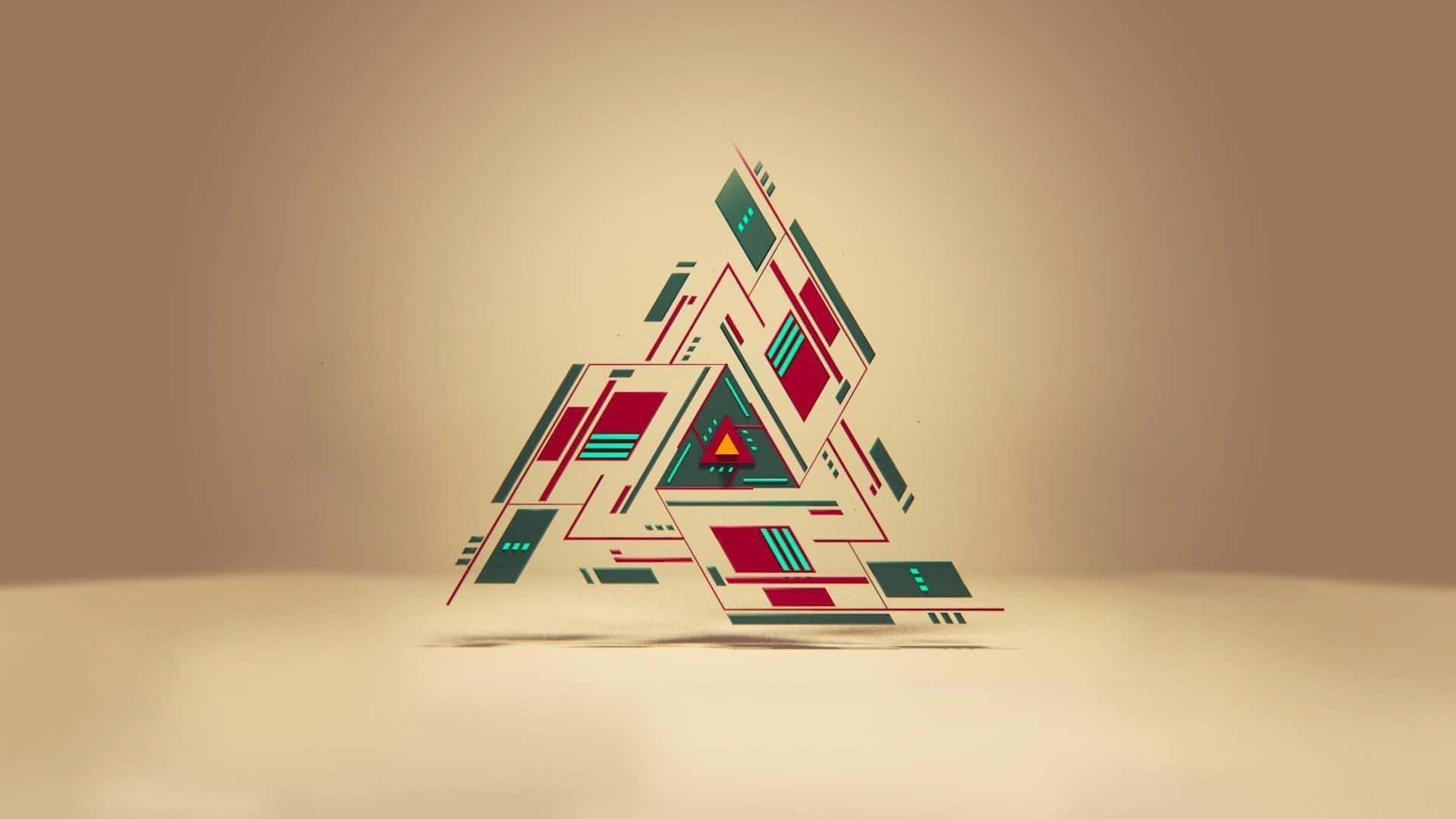triangle 桌布 壁紙 — 一個風格化的幾何三角形雕塑，帶有紅色、藍綠色和奶油色點綴，立於中性米色表面上。