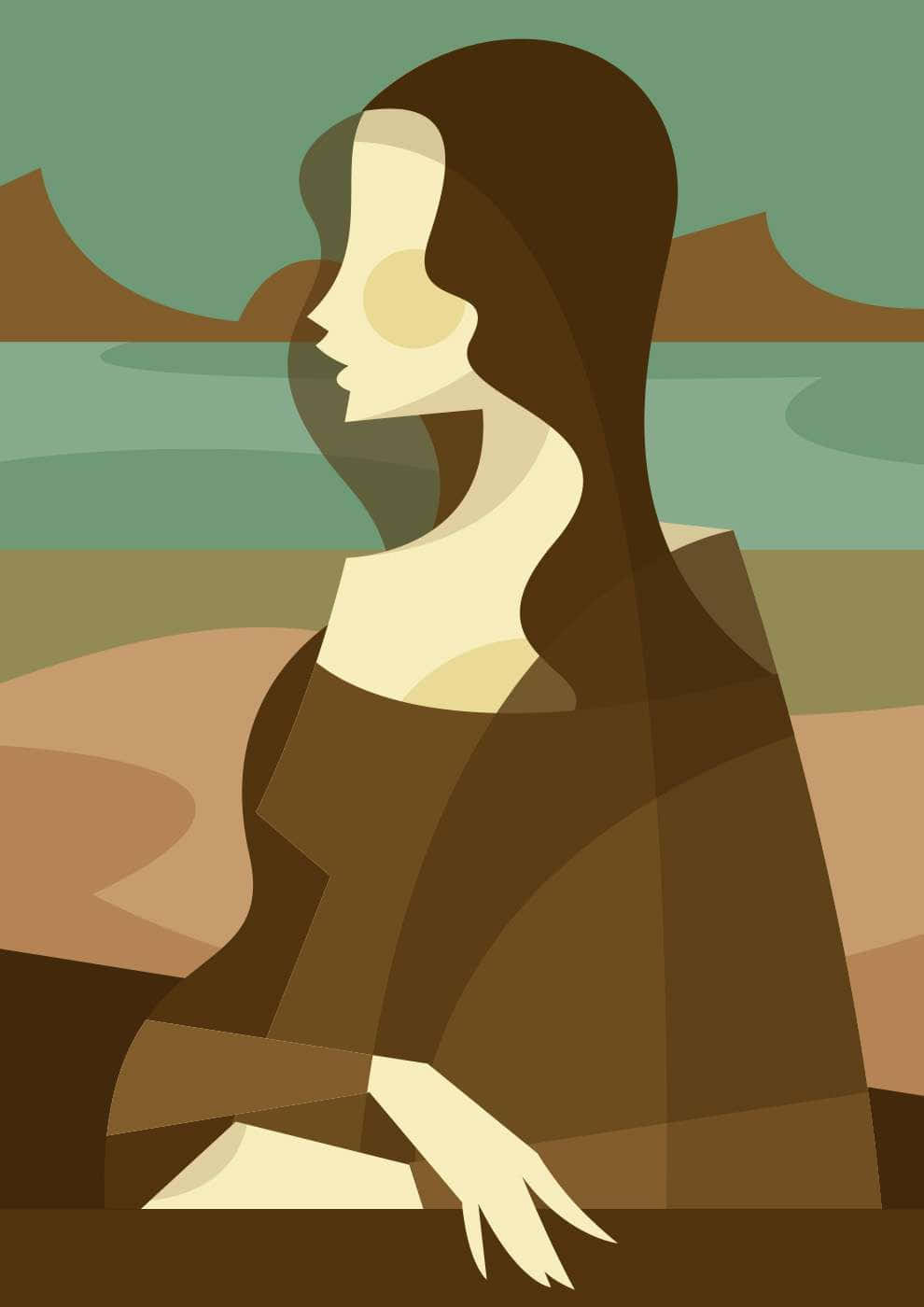 Minimalist Painting 桌布 壁紙 — 一個風格化的幾何女性側面肖像，背景是柔和的風景，帶有分層的大地色調。