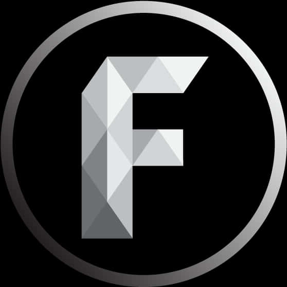 Facebook Icon White 桌布 壁紙 — 一個風格化的幾何字母F，以銀色切面居中於金屬環內，背景為黑色。