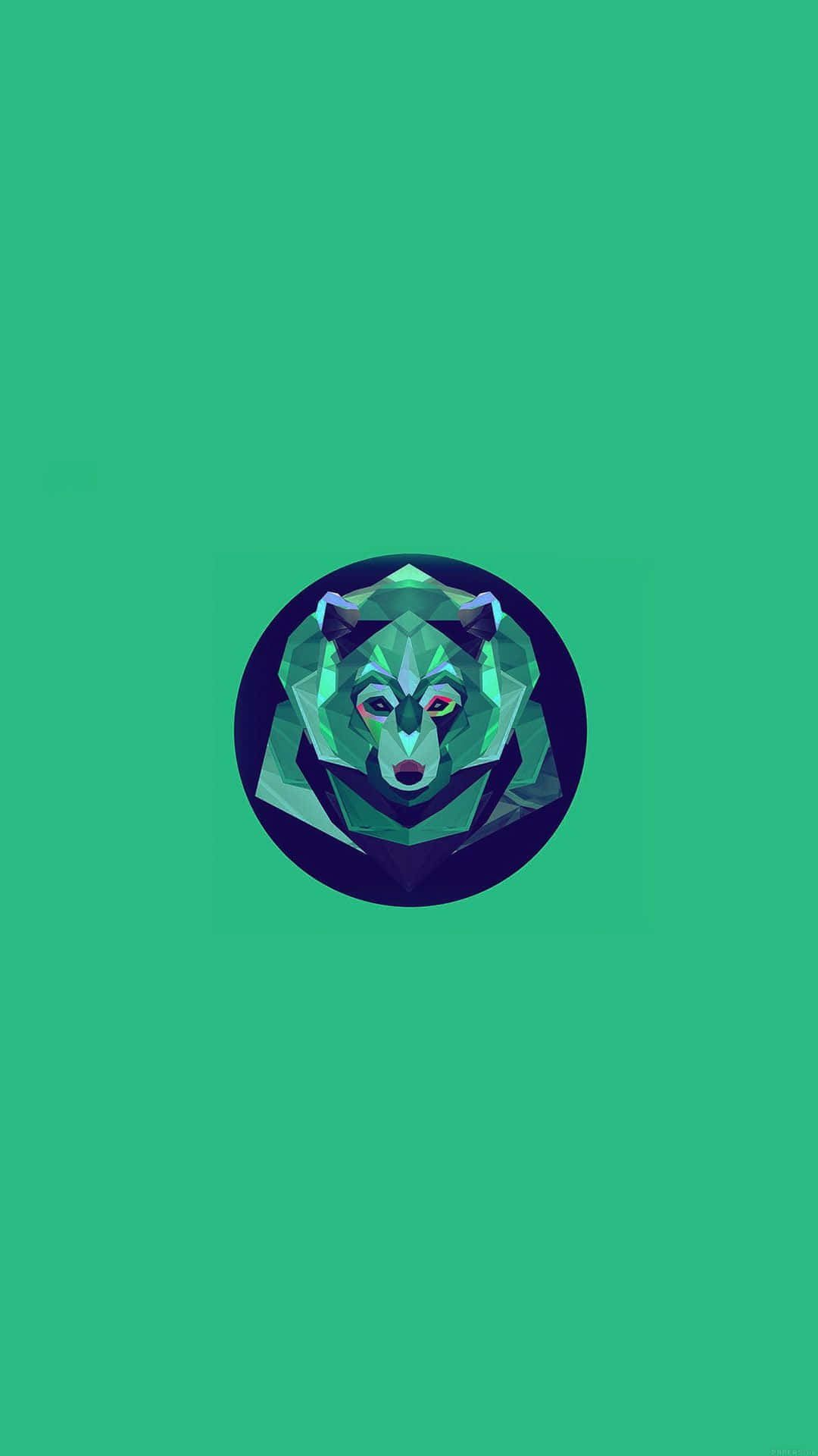 Polygon 桌布 壁紙 — 一個風格化的幾何狼頭，以青綠色和紫色調為主，居中放置在純綠色背景上。