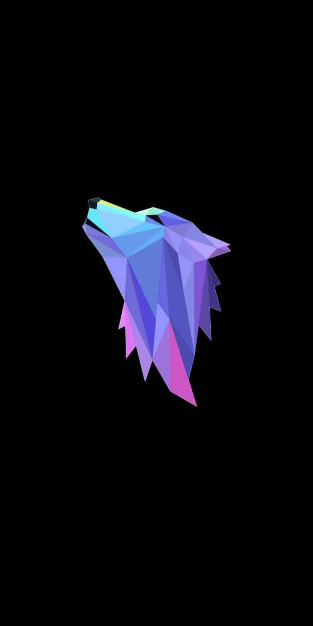 Wolf Minimalist 桌布 壁紙 — 一個風格化的幾何狼頭，以鮮豔的藍色和紫色色調呈現，背景為純黑色。