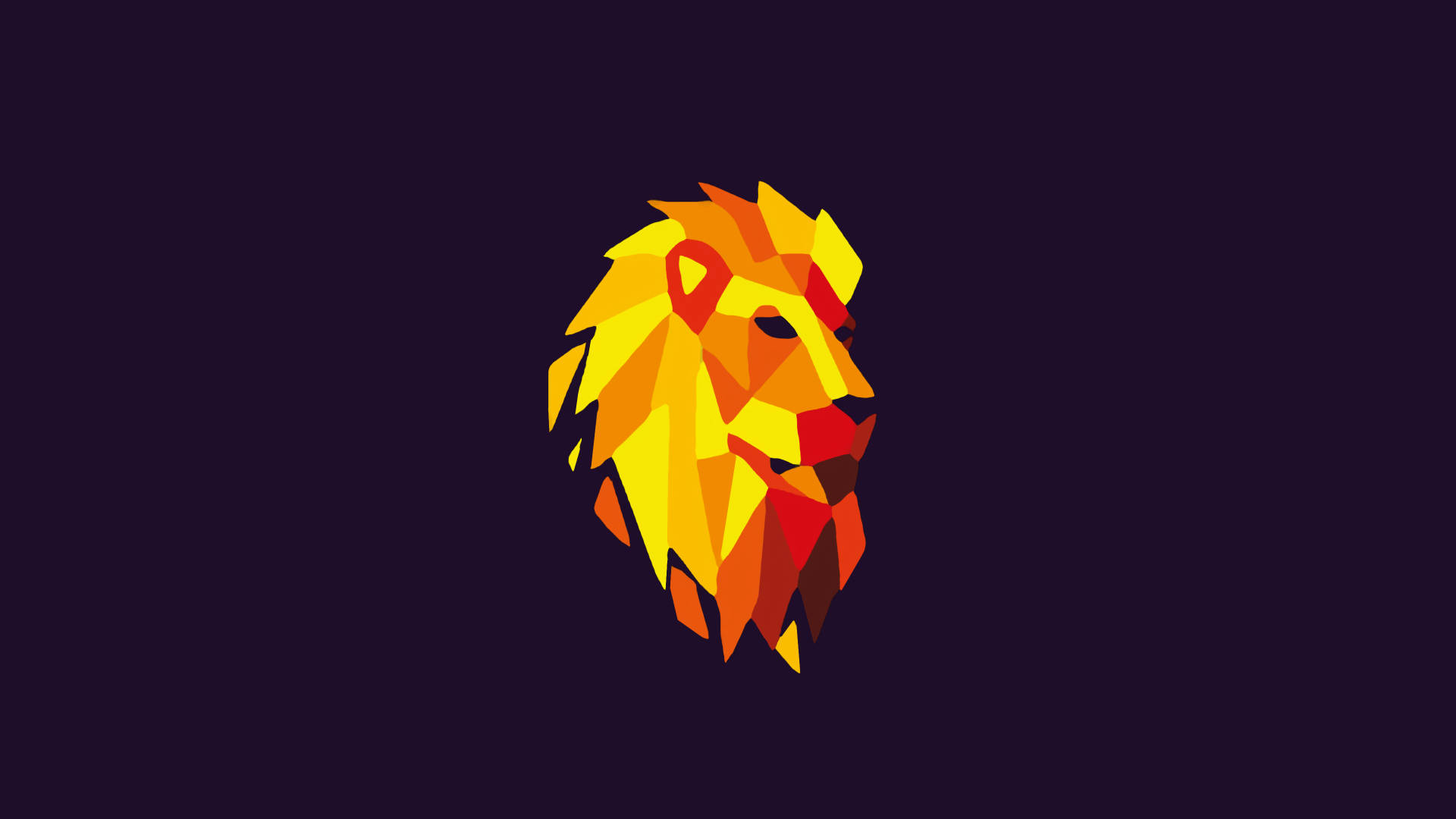 Lion Head 桌布 壁紙 — 一個風格化的幾何獅子頭，以火熱的橙色、黃色和紅色色調呈現，背景為深紫色。