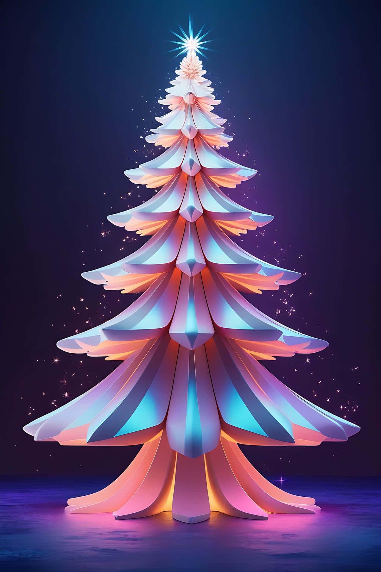 Illuminated christmas tree 壁紙 — 一個風格化的幾何聖誕樹，帶有發光的霓虹層和星形裝飾，背景為深色漸變。