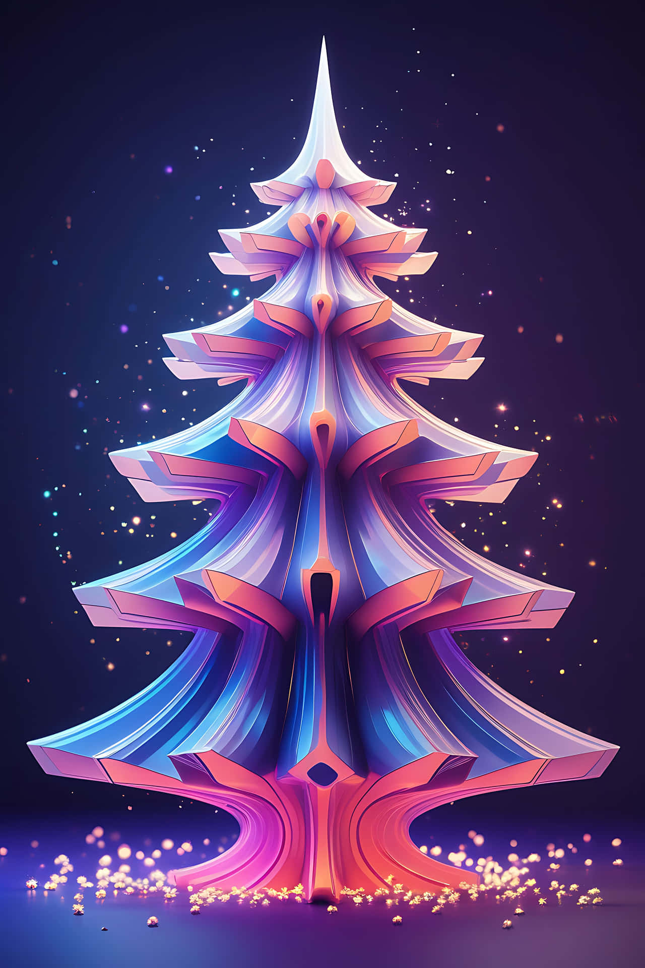 Abstract neon tree 壁紙 — 一個風格化的幾何聖誕樹，帶有發光的藍色和粉紅色層次，矗立在繁星點點的深紫色背景上。
