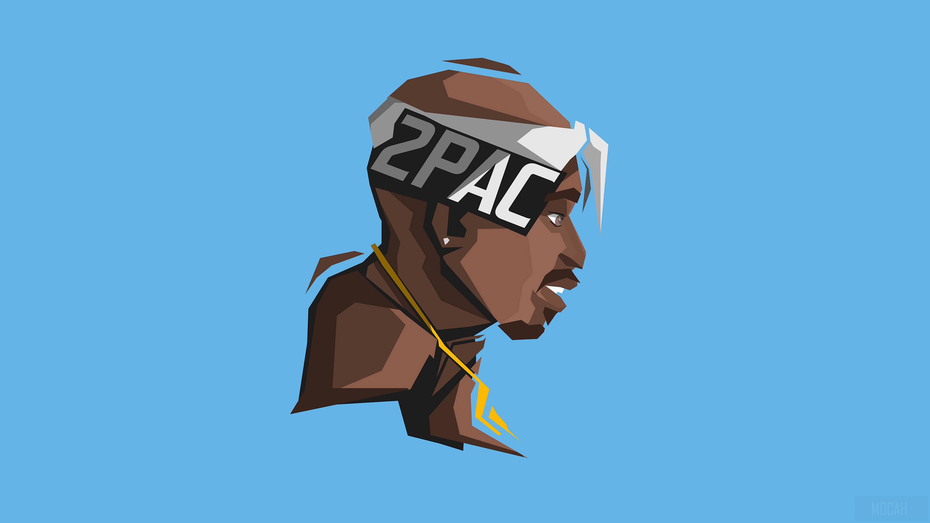 tupac 桌布 壁紙 — 一個風格化的幾何肖像，2Pac 側面輪廓，背景為純藍色，頭帶上有粗體字樣。