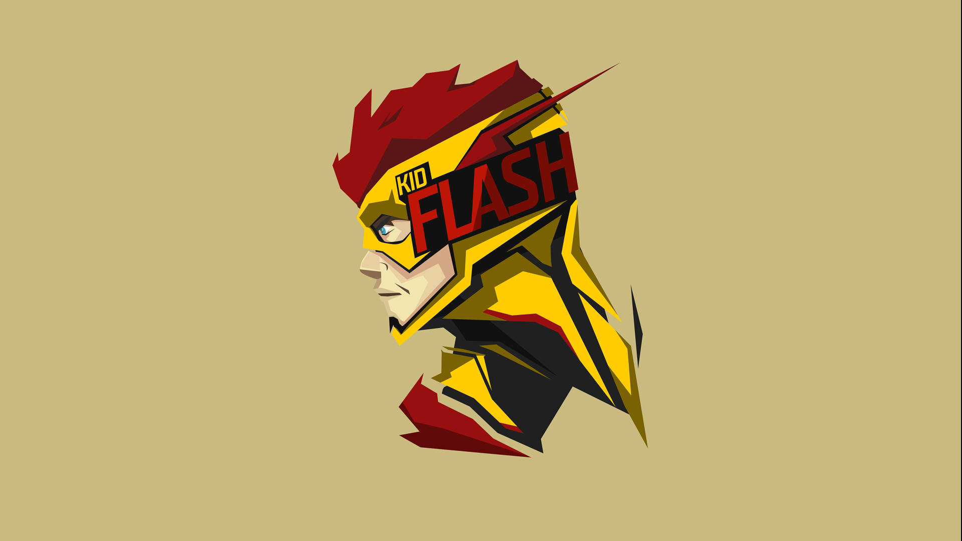 少年悍將 桌布 壁紙 — 一個風格化的幾何肖像，Kid Flash 以紅色、黃色和黑色呈現，背景為米色。