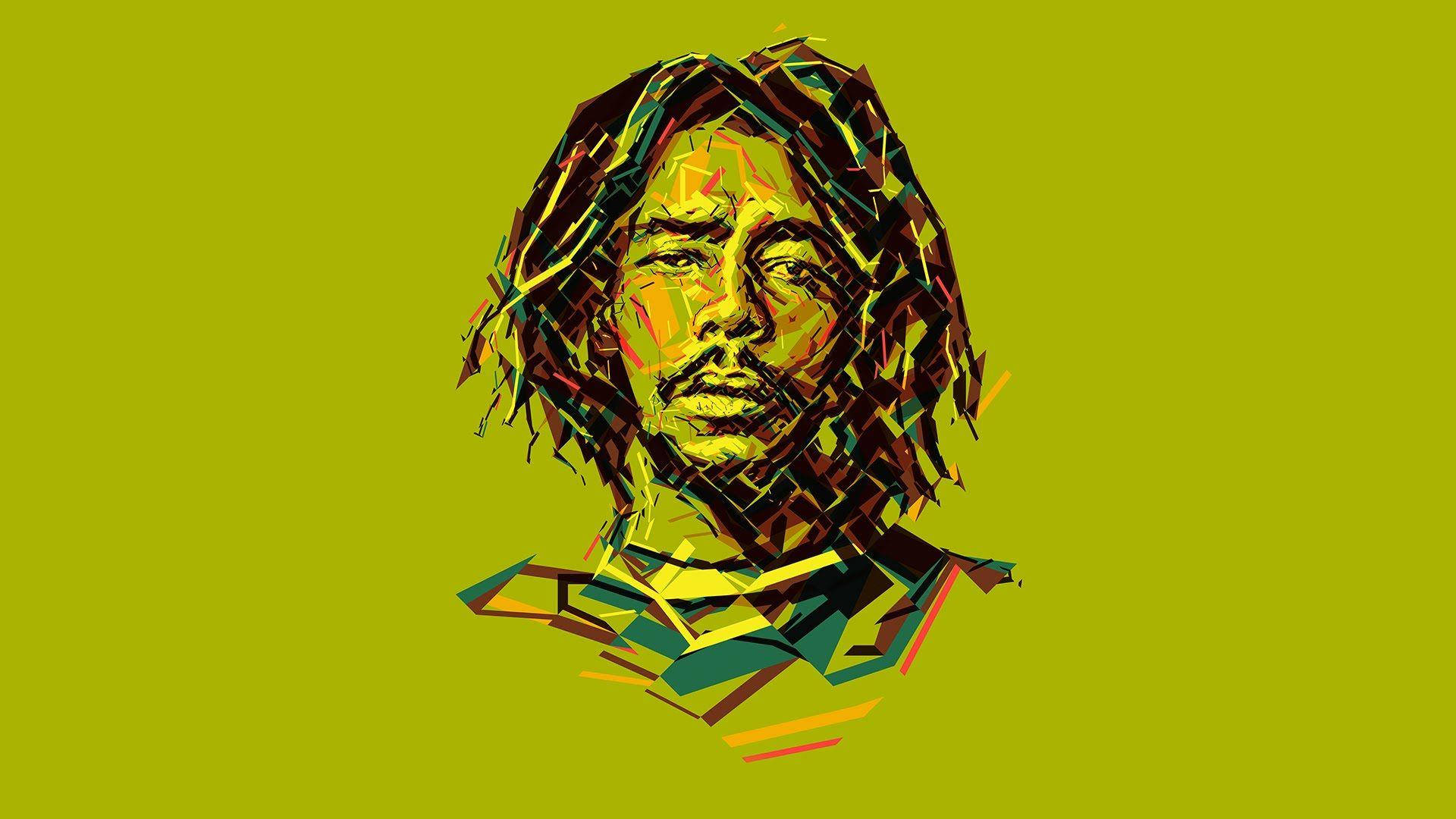 人像動態 桌布 壁紙 — 一個風格化的幾何肖像，描繪一位留著辮子的男士，背景為純青檸綠色。
