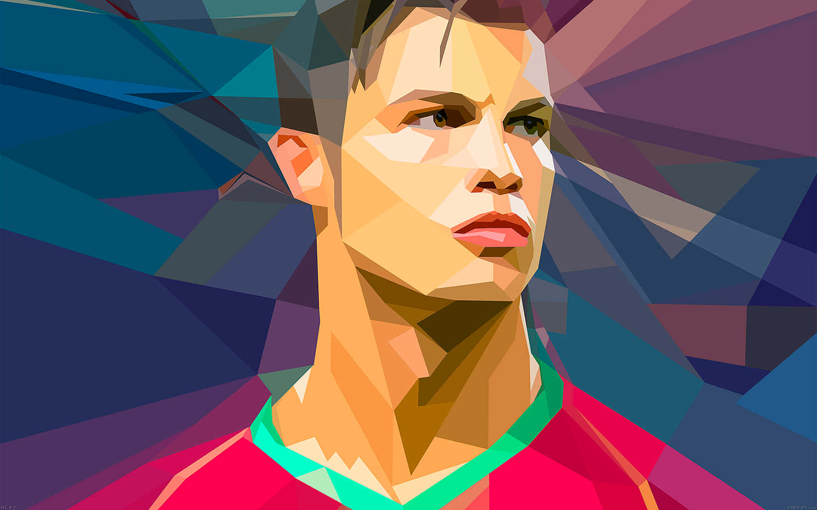 Ronaldo 桌布 壁紙 — 一個風格化的幾何肖像，描繪一位身穿紅色球衣的足球員，背景是充滿活力的抽象圖案。