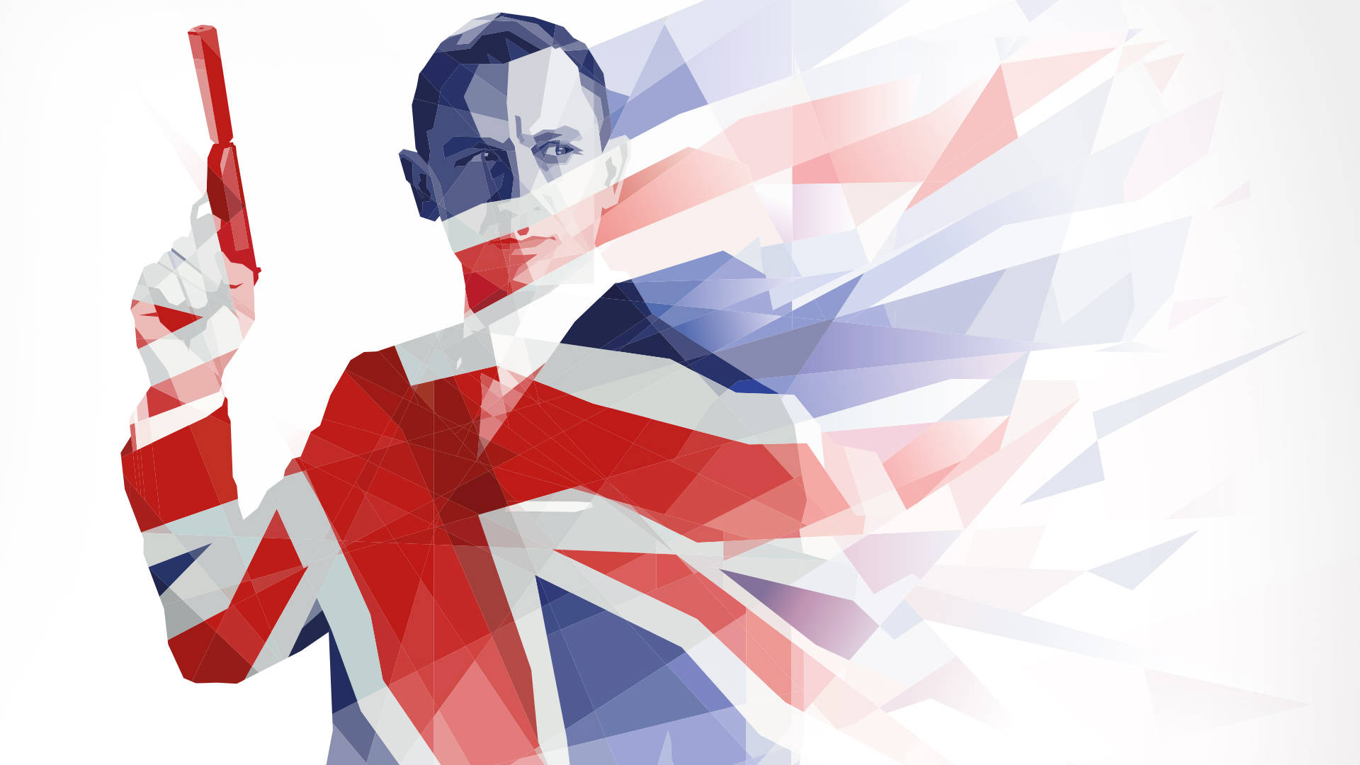 Daniel Craig 桌布 壁紙 — 一個風格化的幾何肖像，描繪一名男子手持紅色物體，背後有英國國旗圖案旋轉。