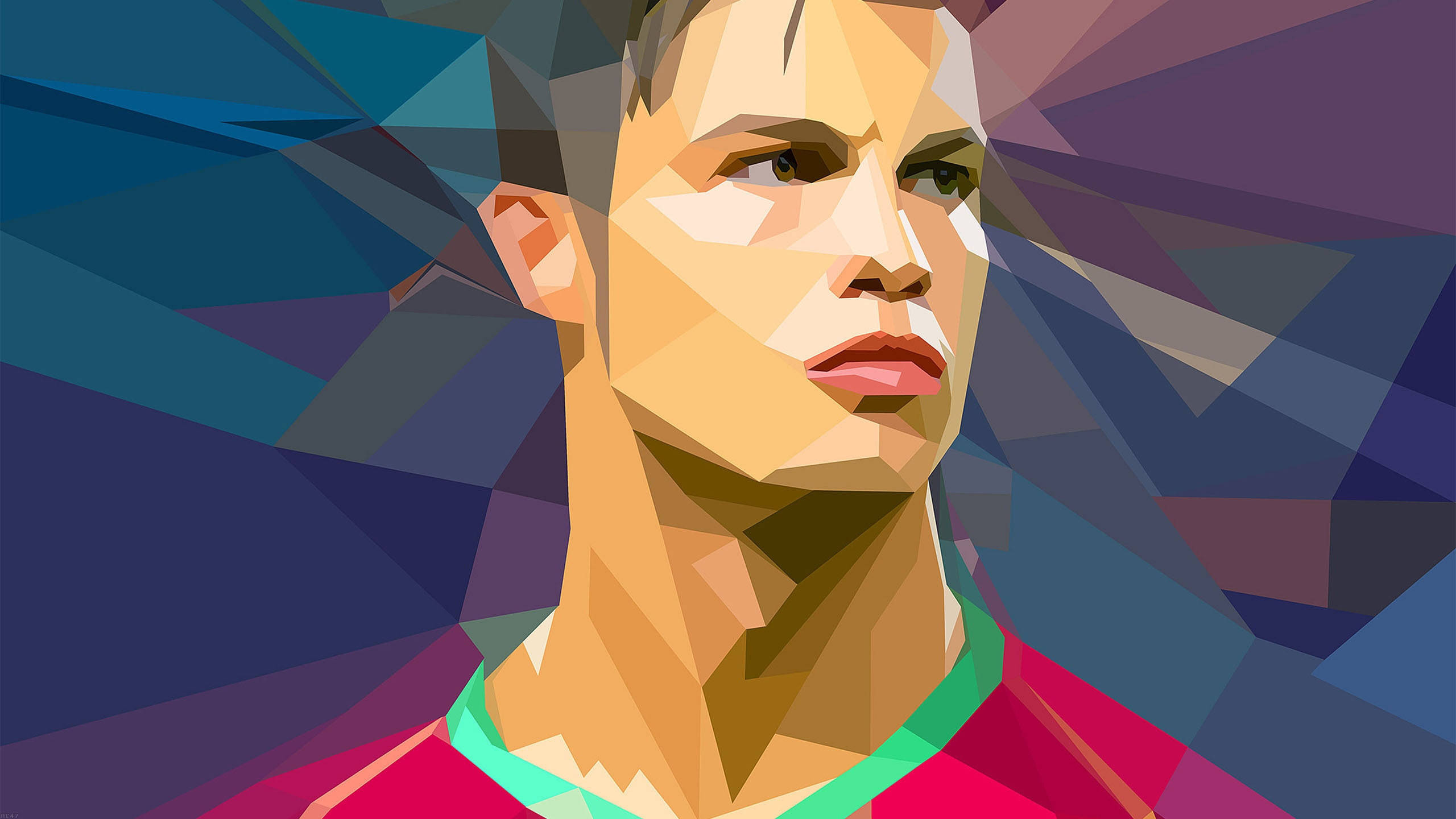 Ronaldo 桌布 壁紙 — 一個風格化的幾何肖像，描繪一名身穿紅色球衣的男子，背景為充滿活力的抽象圖案。
