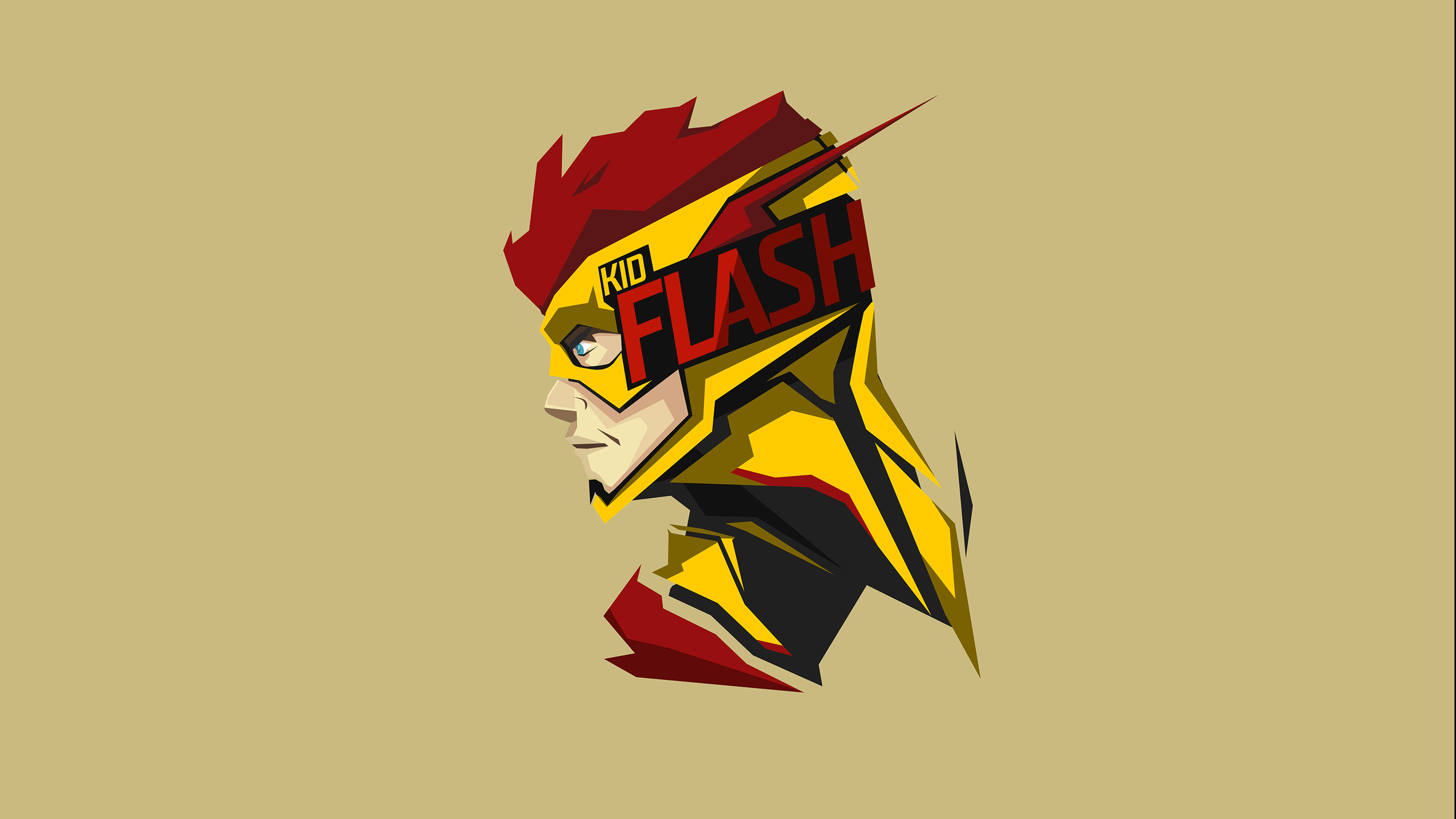 Flash 桌布 壁紙 — 一個風格化的幾何肖像，描繪了Kid Flash，以紅色、黃色和黑色為主，背景為米色。
