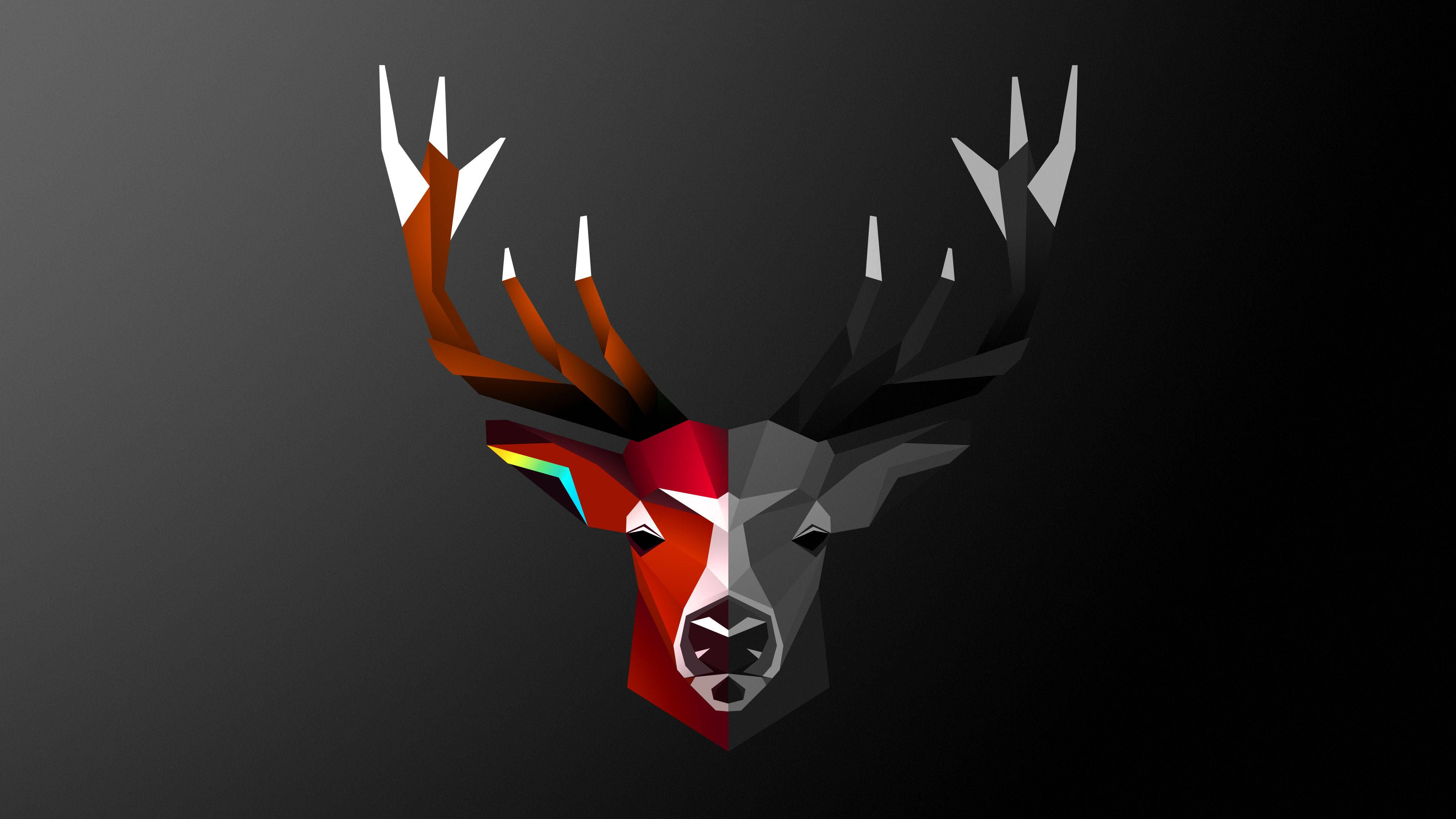 Deer iPhone 桌布 壁紙 — 一個風格化的幾何鹿頭，帶有鮮紅色和橙色的鹿角，背景為深色漸變。
