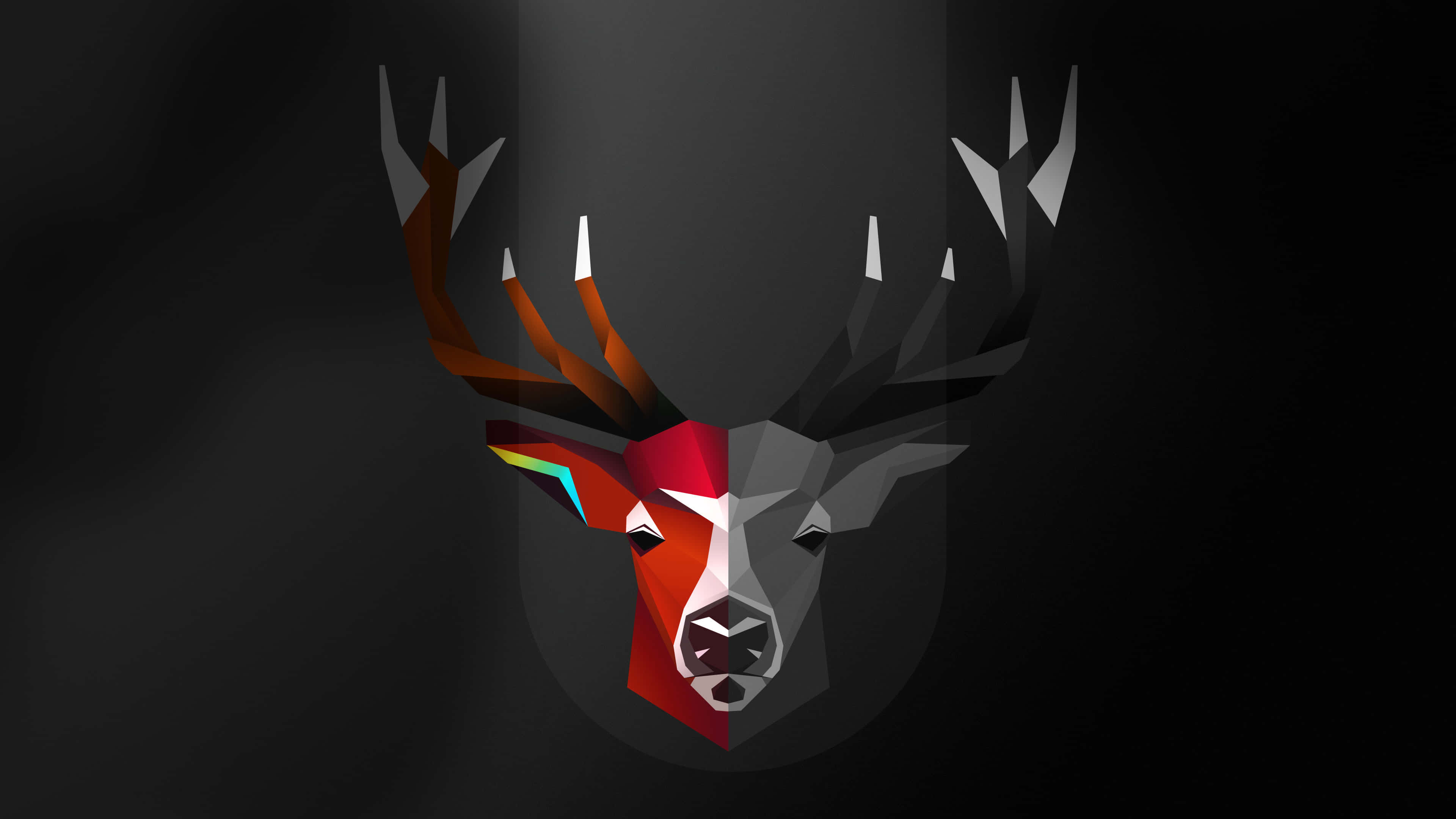 Deer Head 桌布 壁紙 — 一個風格化的幾何鹿頭，帶有鮮豔的紅色和橙色鹿角，背景為深色漸變。
