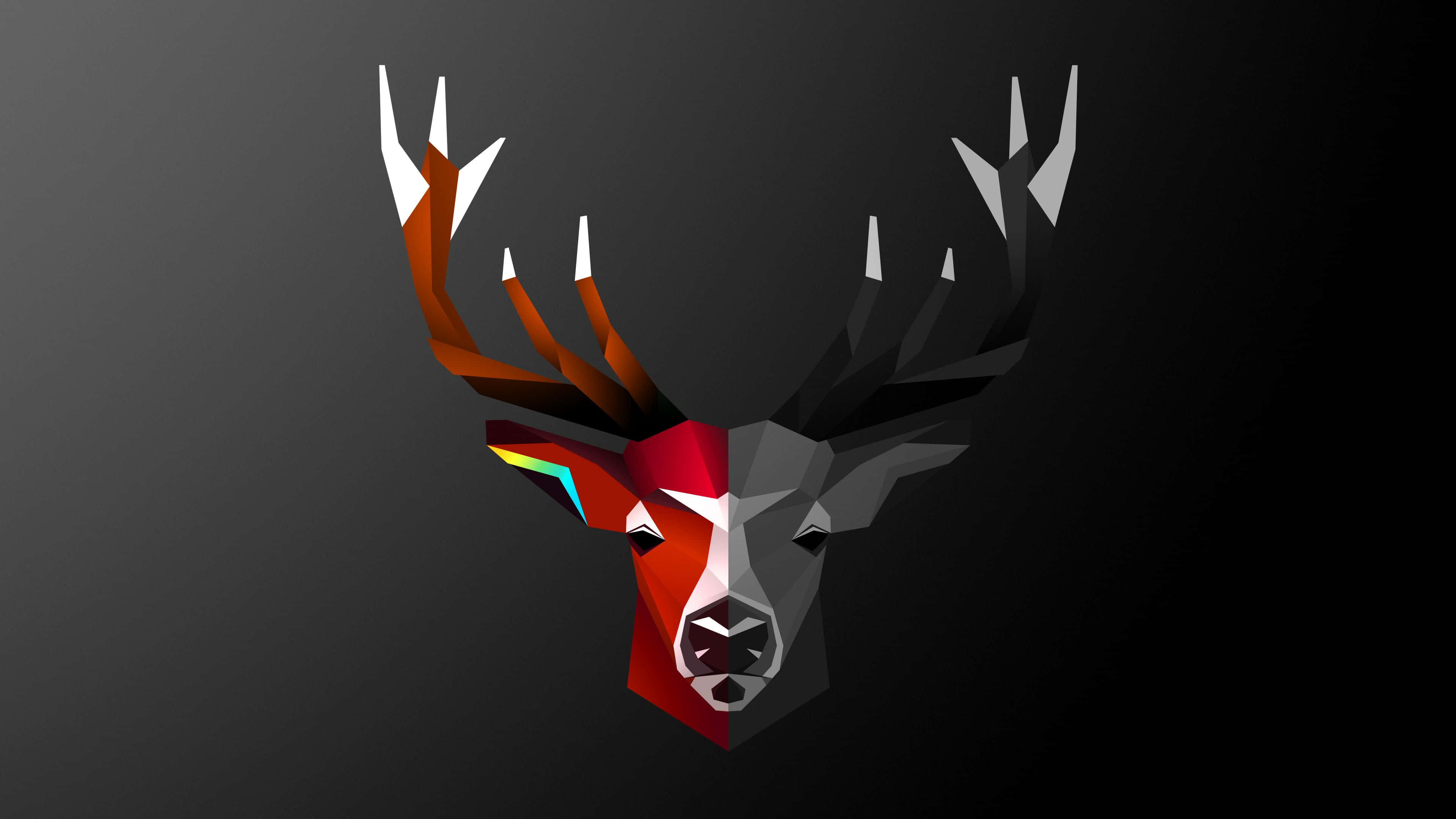 Cool Deer 桌布 壁紙 — 一個風格化的幾何鹿頭，帶有鮮豔的紅色和橙色鹿角，背景為深色漸變。