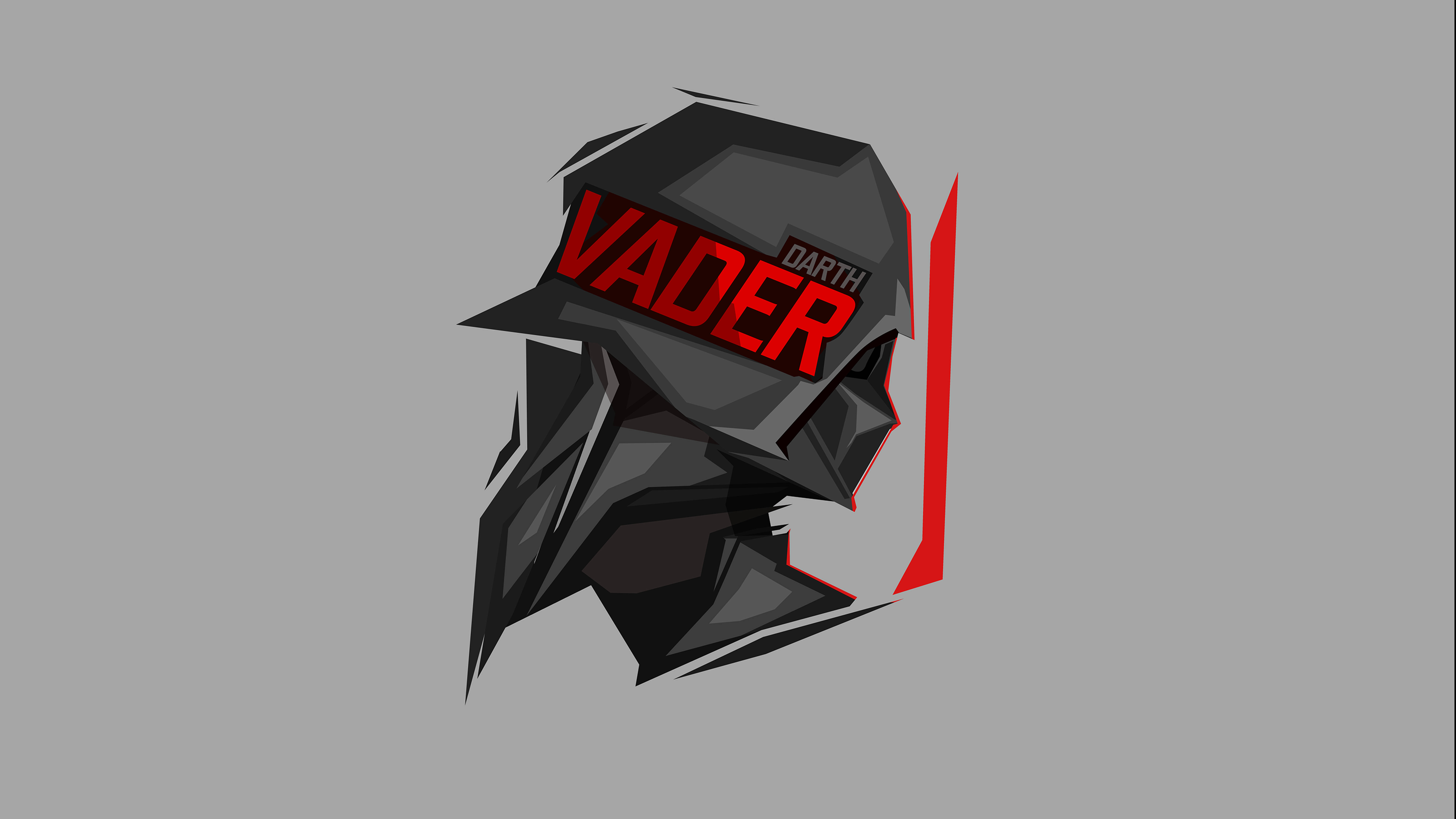 Vader 桌布 壁紙 — 一個風格化的幾何黑武士頭盔，灰色背景上有紅色文字。