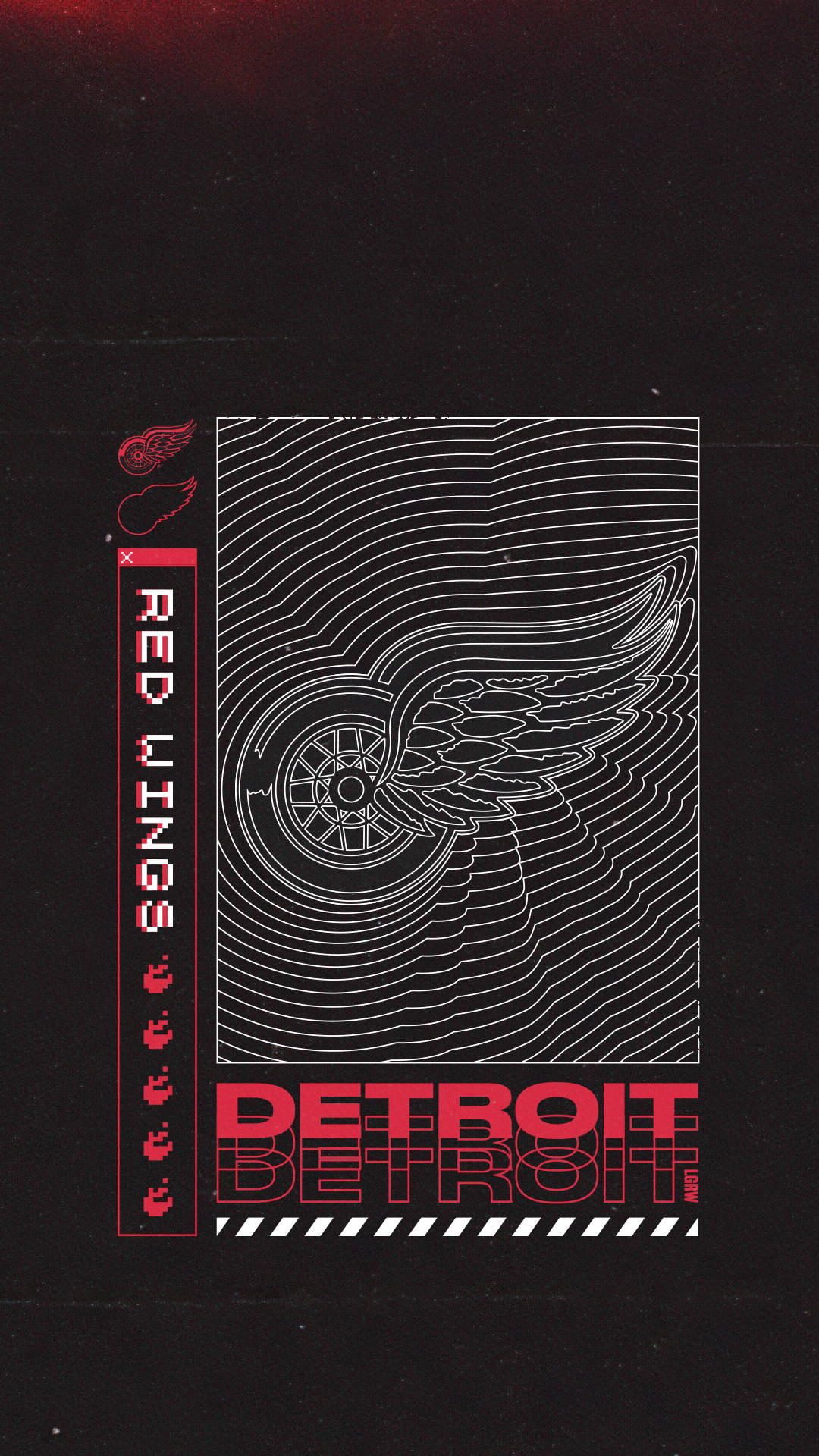detroit 桌布 壁紙 — 一個風格化的底特律紅翼標誌，帶有帶翼的輪子和同心線，黑色背景上配有紅色文字。