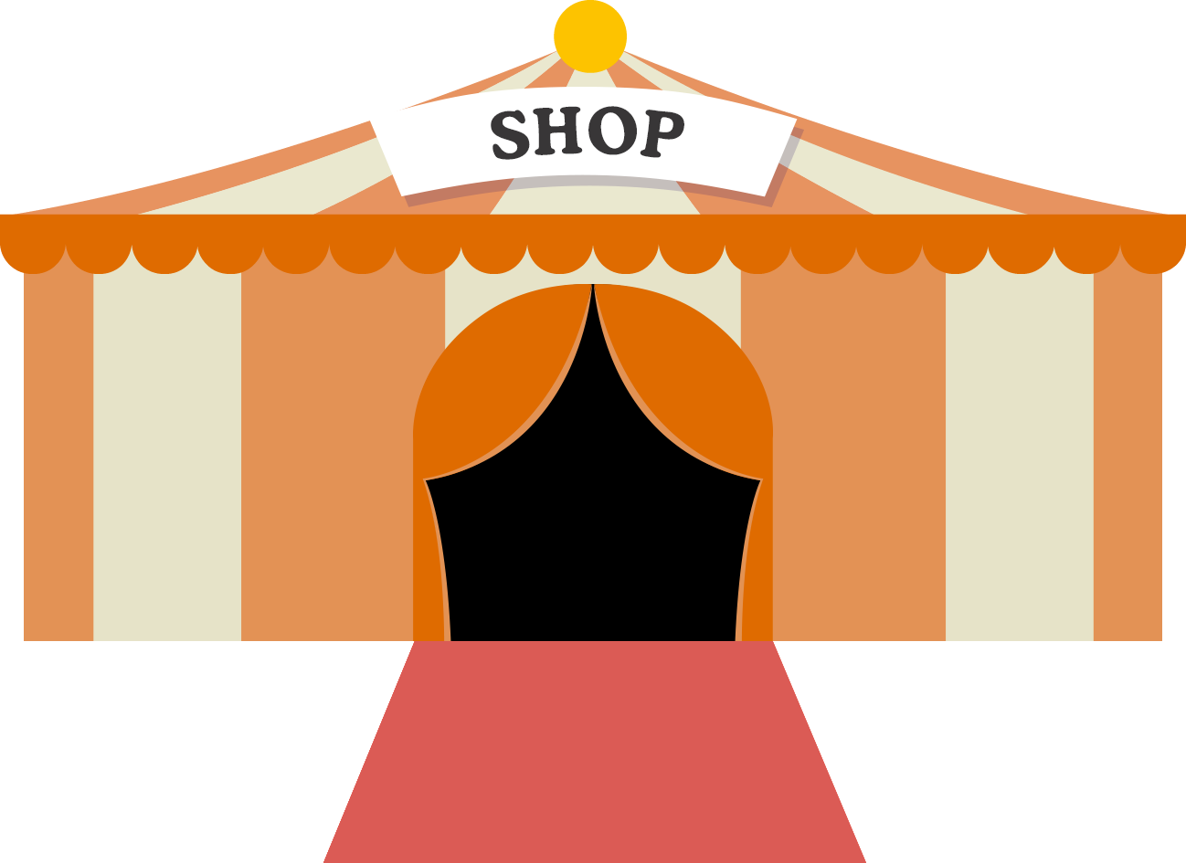 購物 桌布 壁紙 — 一個風格化的店鋪門面，帶有橙色和奶油色條紋遮陽篷，以及黑色拱形門口，在黃色太陽下。