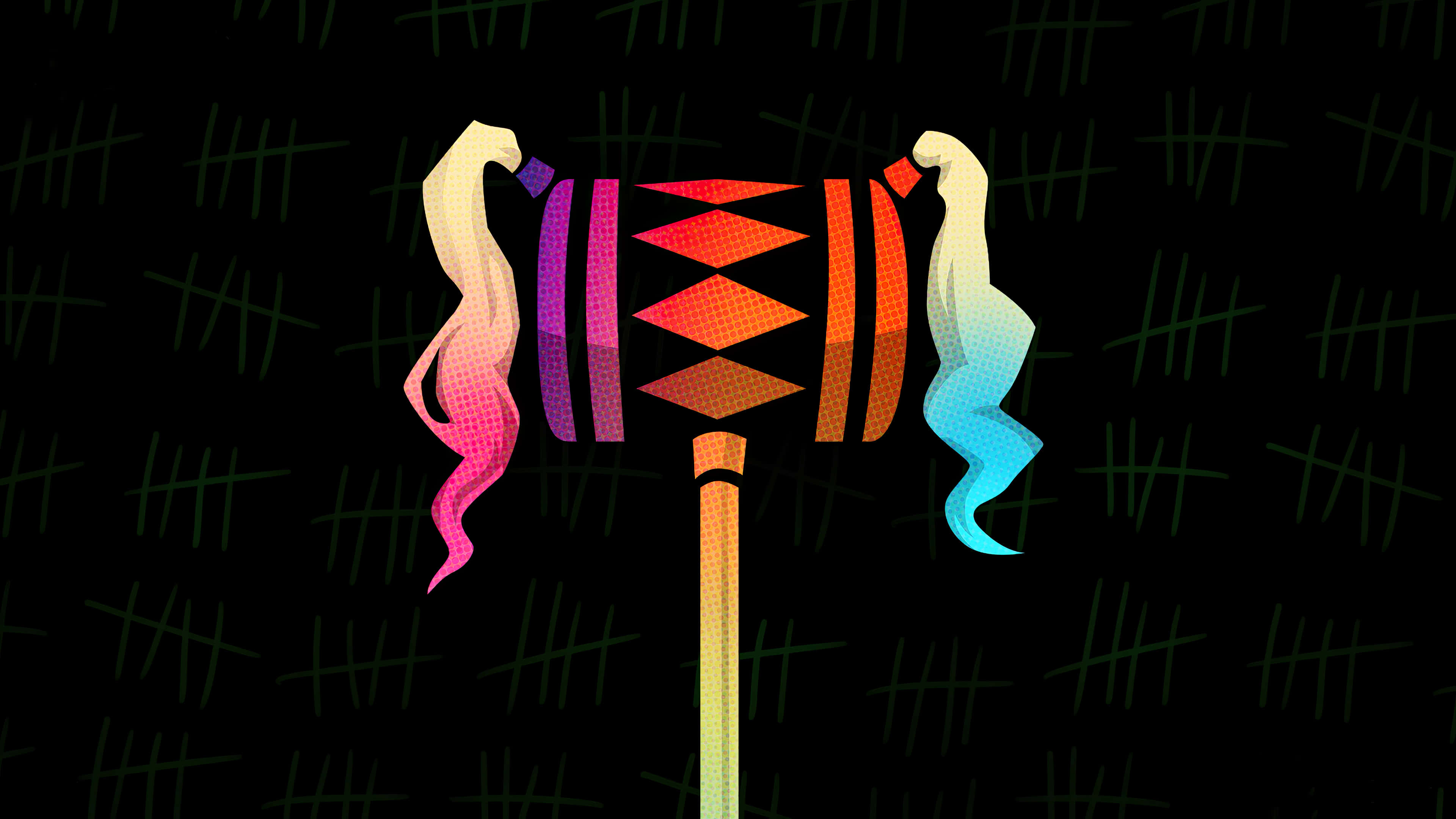 Harley Quinn Hammer 桌布 壁紙 — 一個風格化的彩色錘子，帶有漸層翅膀，背景為黑色，帶有綠色標籤圖案。