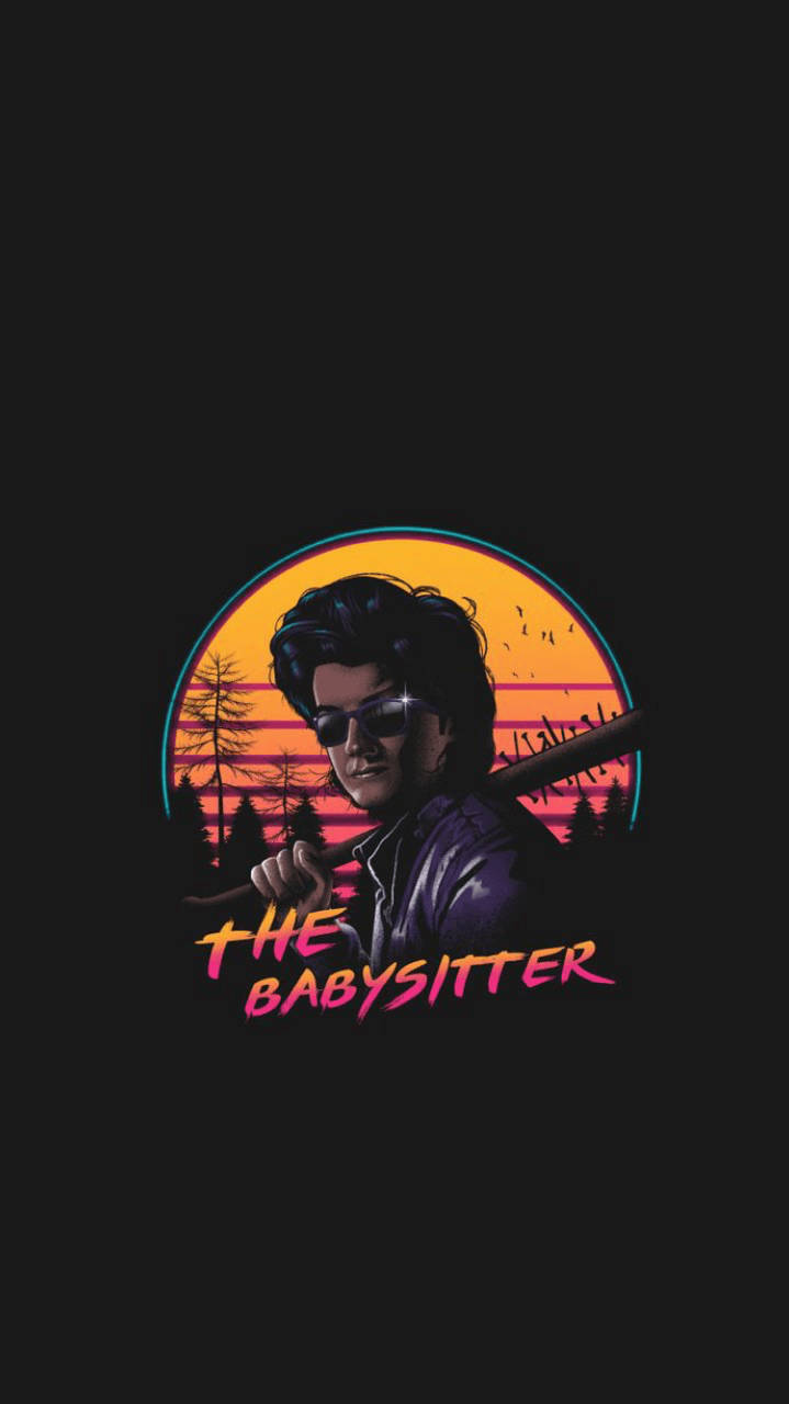 戴太陽眼鏡的男子在日落和松樹背景下手持棒球棍，附文字 The Babysitter