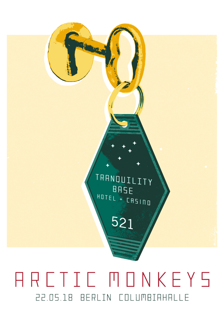 藝術 桌布 壁紙 — 一個風格化的復古飯店鑰匙牌，用於Tranquility Base Hotel Casino，掛在一把金色鑰匙上，背景為淡黃色。