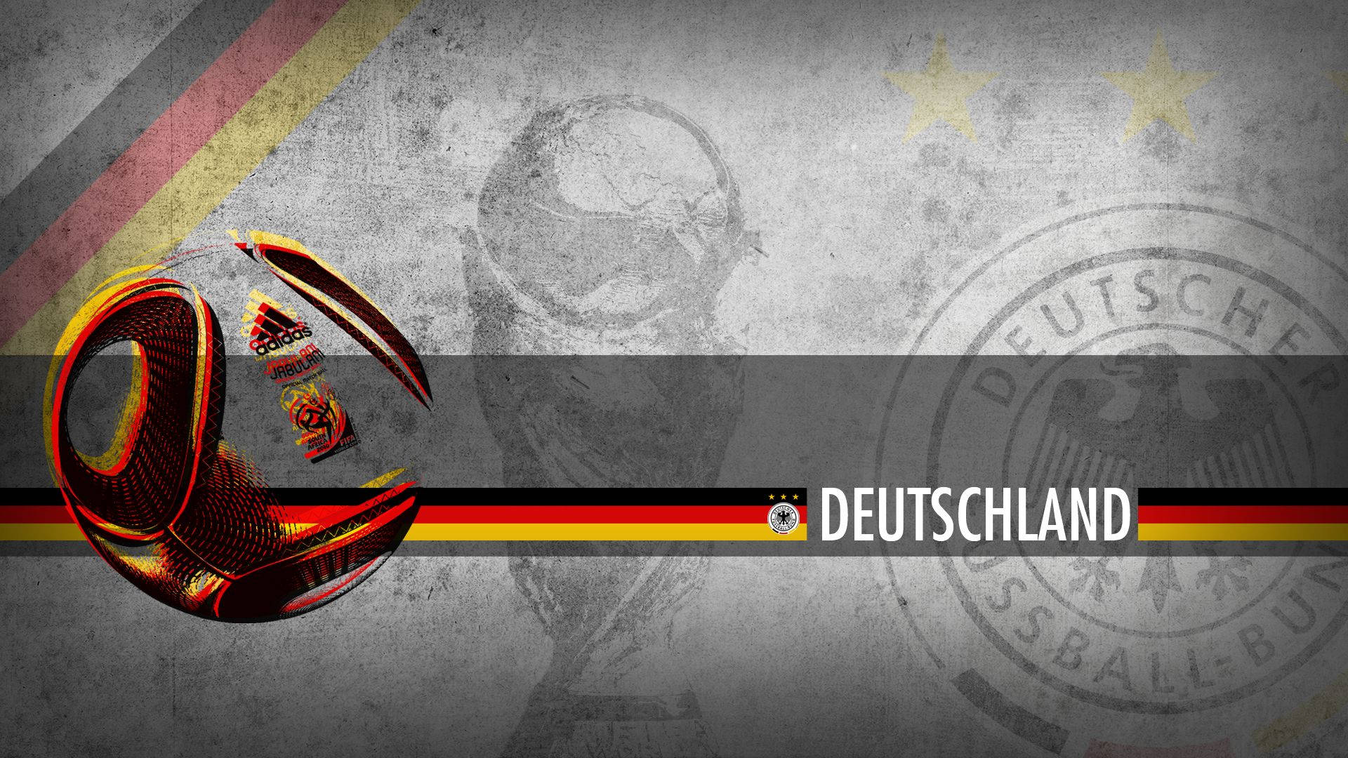 足球 桌布 壁紙 — 一個風格化的德國足球，帶有國家色彩，置於帶有Deutschland文字和徽章的紋理背景上。