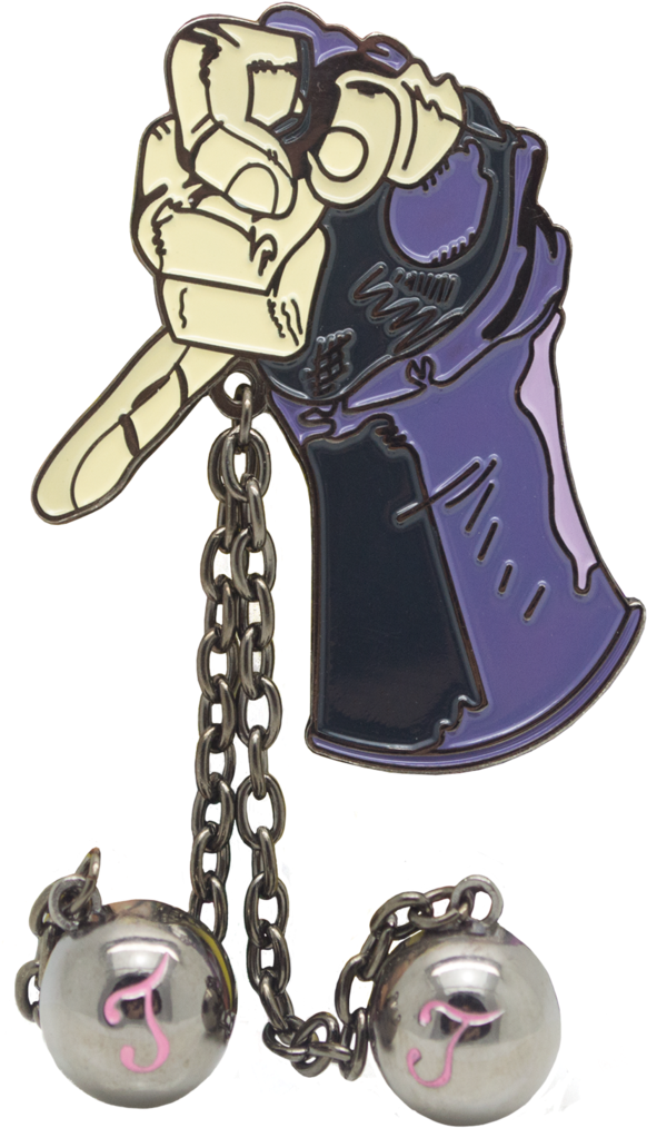 Jojo 桌布 壁紙 — 一個風格化的徽章，上面有一個緊握的拳頭抓著一把紫色的斧頭，帶有鏈條和兩個帶有粉紅色「J」字母的銀色球。