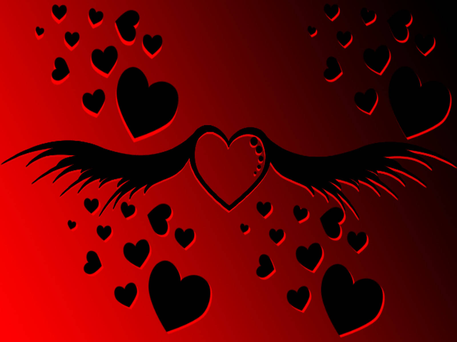 Beautiful Hearts 桌布 壁紙 — 一個風格化的心形翅膀，周圍環繞著漂浮的心形，背景為漸變紅色。