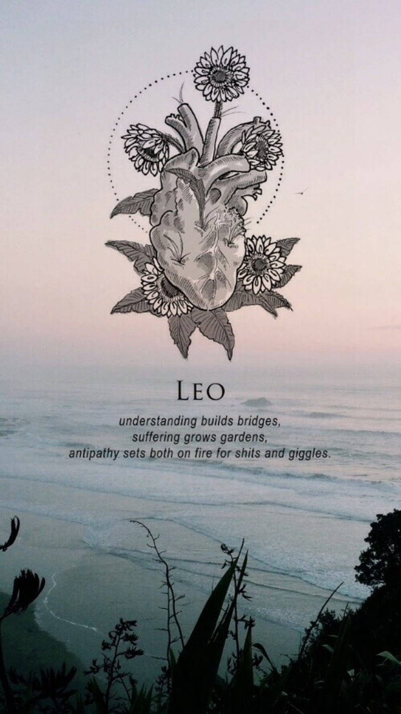 Leo 桌布 壁紙 — 一個風格化的心形與向日葵在黃昏寧靜的海灘上綻放，下方有文字。