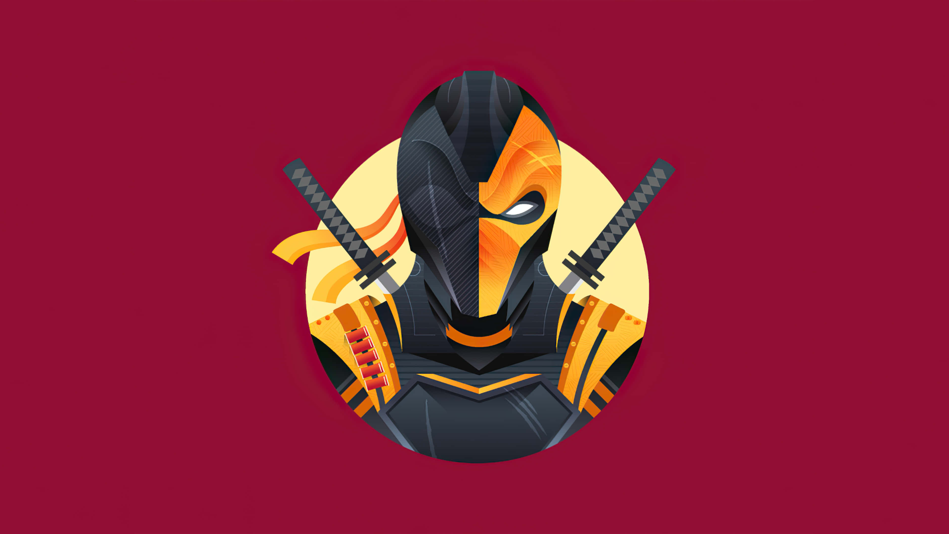 Deathstroke 桌布 壁紙 — 一個風格化的忍者戰士，戴著黑色和橙色面具，手持兩把劍，站在深紅色背景前。