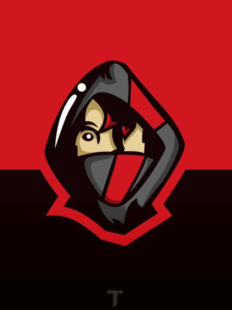 Fortnite Ikonik Skin 桌布 壁紙 — 一個風格化的忍者面孔，戴著黑色頭罩，帶有紅色點綴，在鮮明的紅黑背景下凝視著。