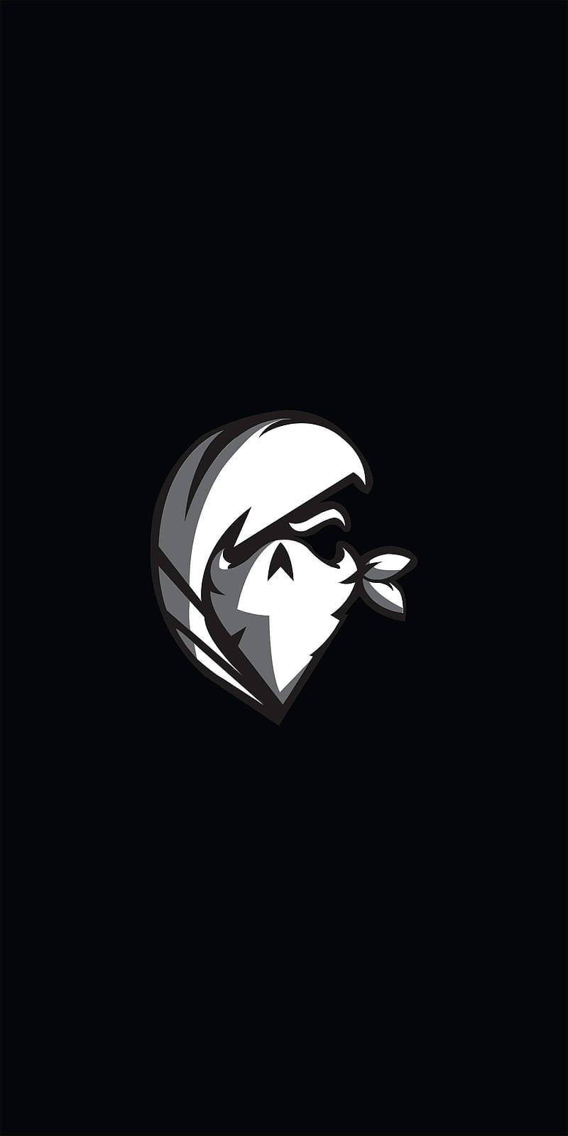 Gamer Logo 桌布 壁紙 — 一個風格化的忍者頭像，單色調，臉頰上有一片葉子，背景為黑色。