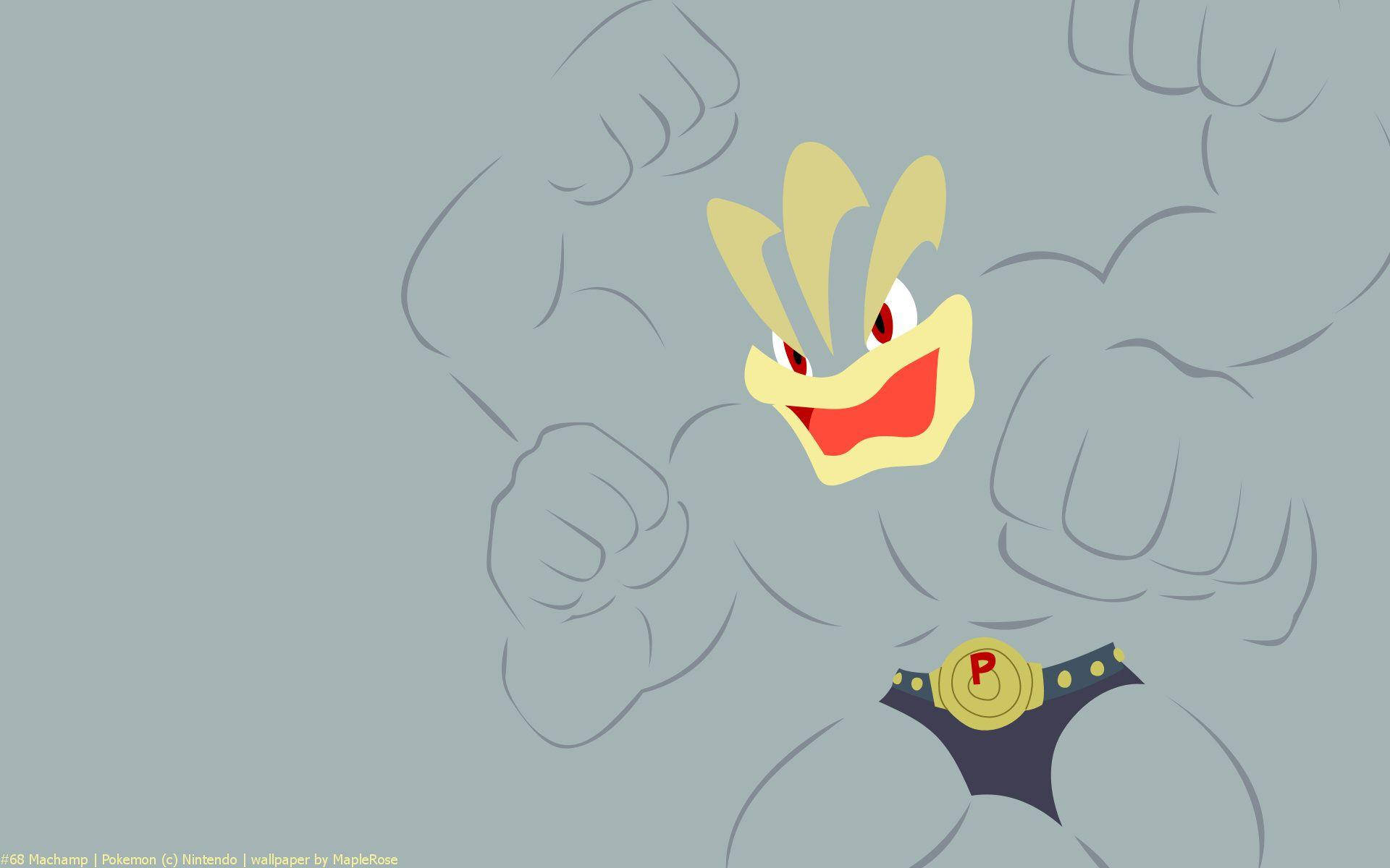 Machamp 桌布 壁紙 — 一個風格化的怪力，黃色面孔、紅色眼睛和金色腰帶，在柔和的灰色背景上彎曲其肌肉發達的手臂。