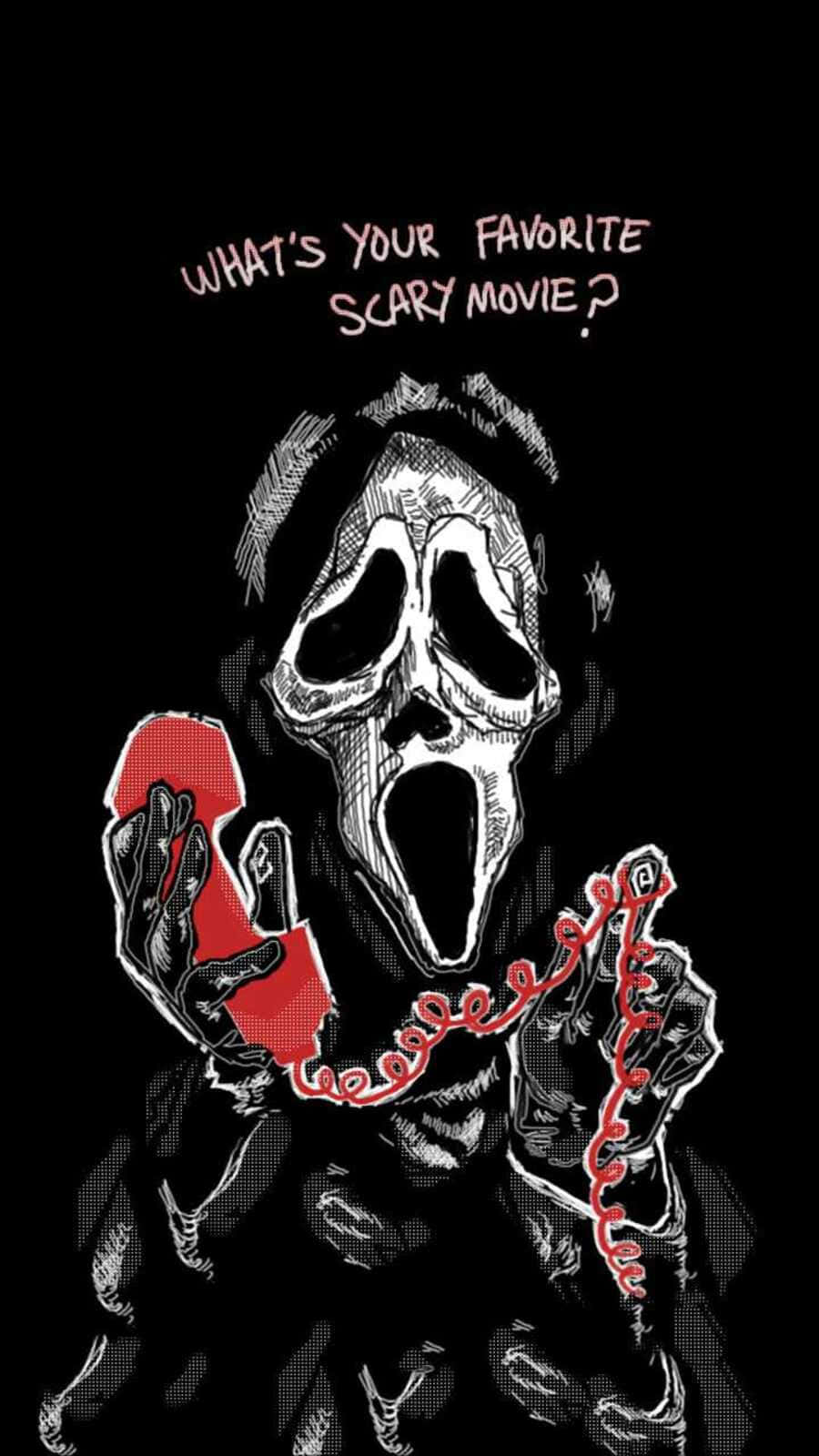 Ghostface Aesthetic 桌布 壁紙 — 一個風格化的恐怖角色，戴著尖叫面具，在黑色背景前拿著紅色電話，文字詢問你最喜歡的恐怖電影。
