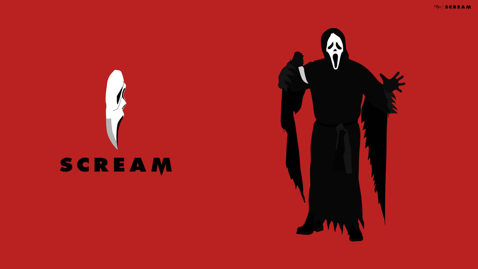Scream 桌布 壁紙 — 一個風格化的恐怖角色，戴著白色面具和黑色長袍，站在鮮紅色的背景上，帶有「SCREAM」字樣和面具圖標。