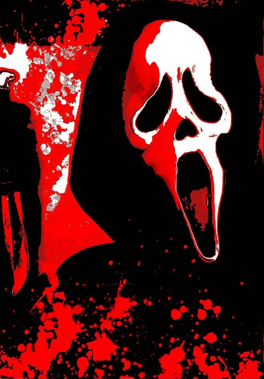 Scream Ghostface 桌布 壁紙 — 一個風格化的恐怖角色，戴著白色鬼面具，上面有紅色飛濺，背景為黑色。