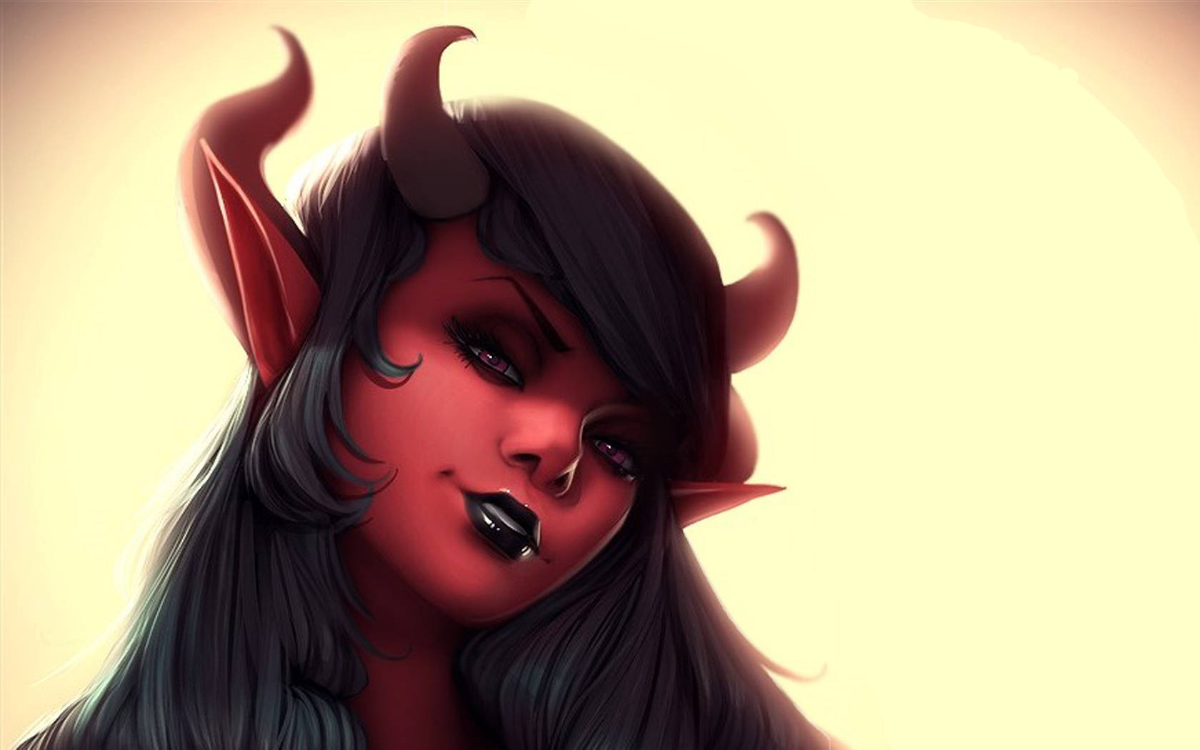 Succubus 桌布 壁紙 — 一個風格化的惡魔女性，擁有紅色角和尖耳朵，在溫暖發光的背景下溫柔地凝視。
