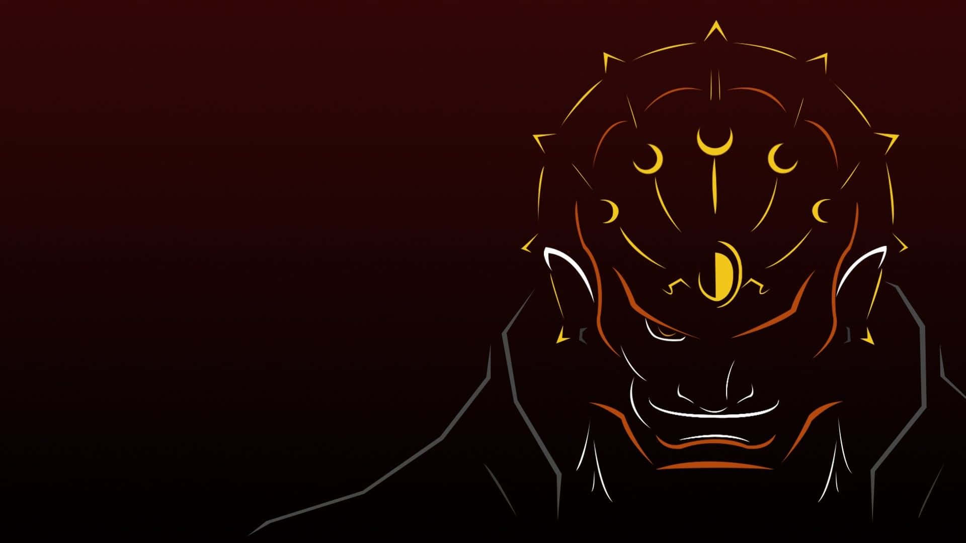Ganondorf 桌布 壁紙 — 一個風格化的惡魔面孔，帶有發光的彎月眼睛和金色勾勒的角，背景為深紅色漸變。