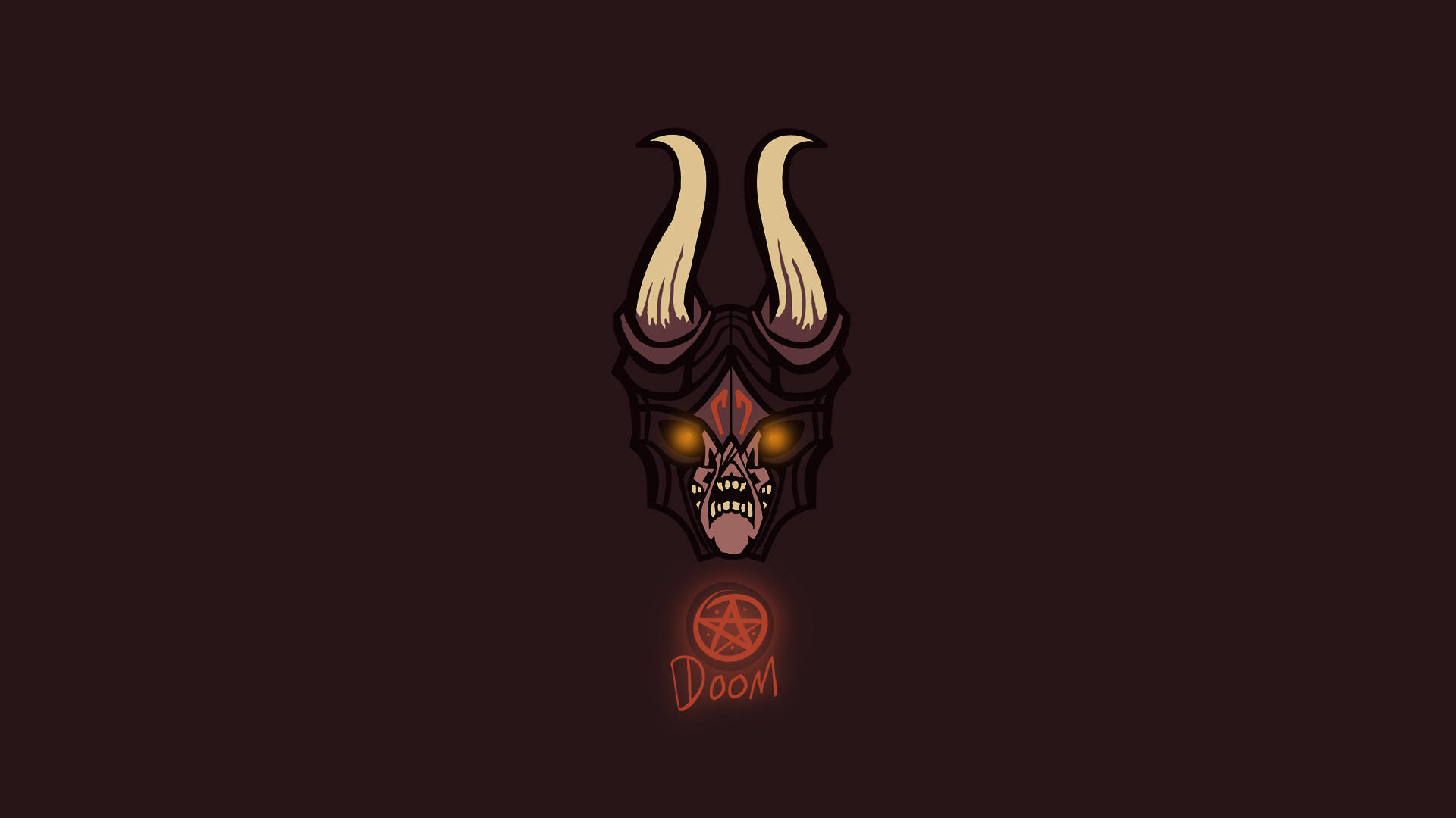 doom HD 桌布 壁紙 — 一個風格化的惡魔面孔，帶有發光的黃色眼睛和角，背景為深棕色，下方有一個發光的五角星和「DOOM」文字。