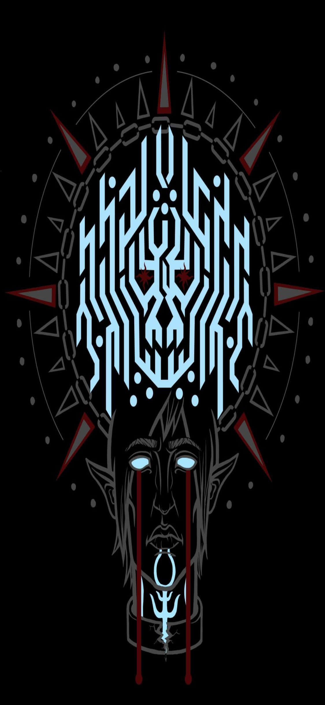 iPhone Xs Dragon Age Inquisition 桌布 壁紙 — 一個風格化的惡魔面孔，帶有發光的藍色眼睛和血般的淚水，由帶有發光藍色符文的尖刺圓形印記框住。