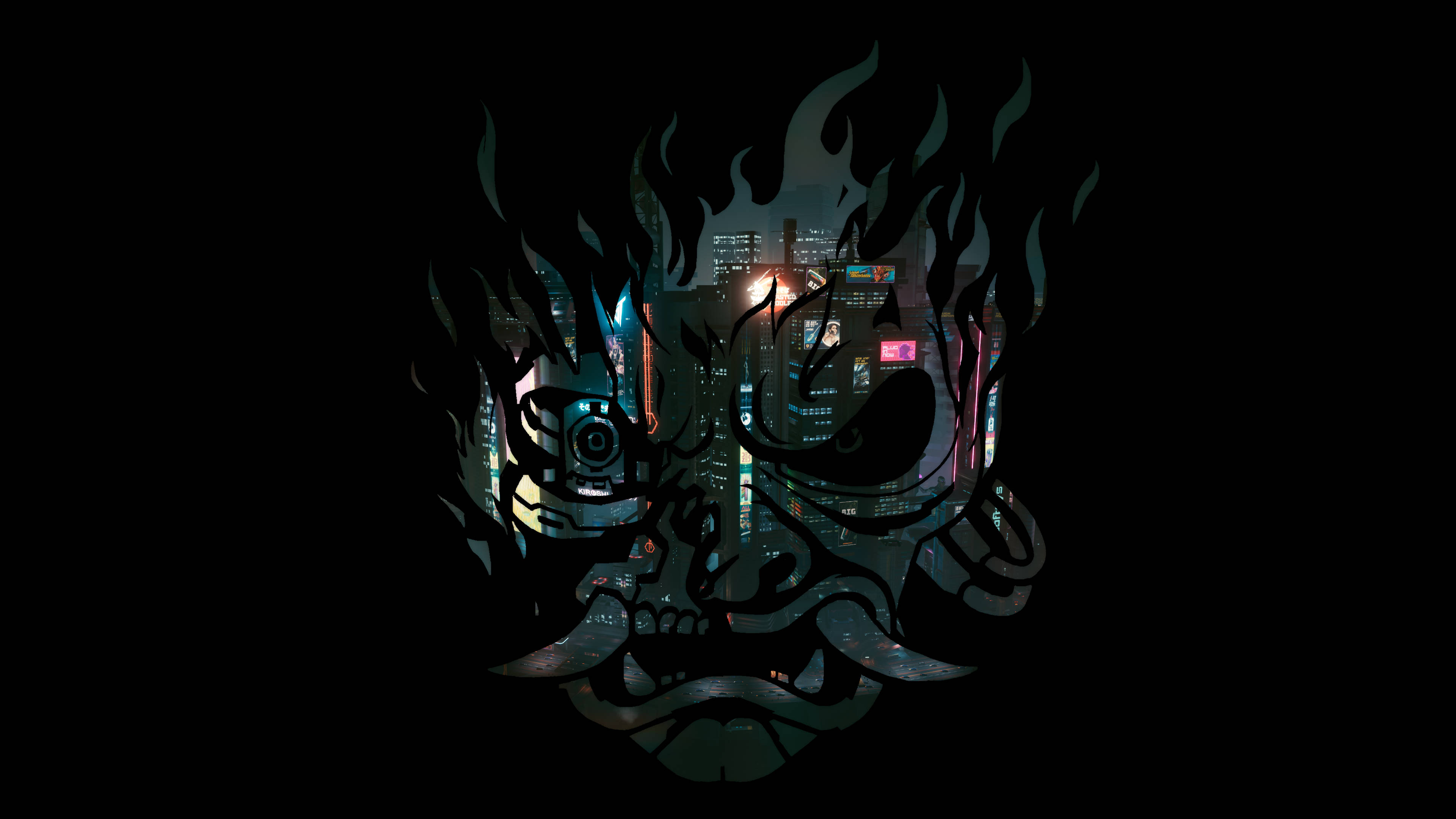 Cyberpunk Desktop 桌布 壁紙 — 一個風格化的惡魔面孔，火焰從其頭部噴出，在其空洞的眼睛和嘴巴中顯露出霓虹燈照亮的城市景觀。