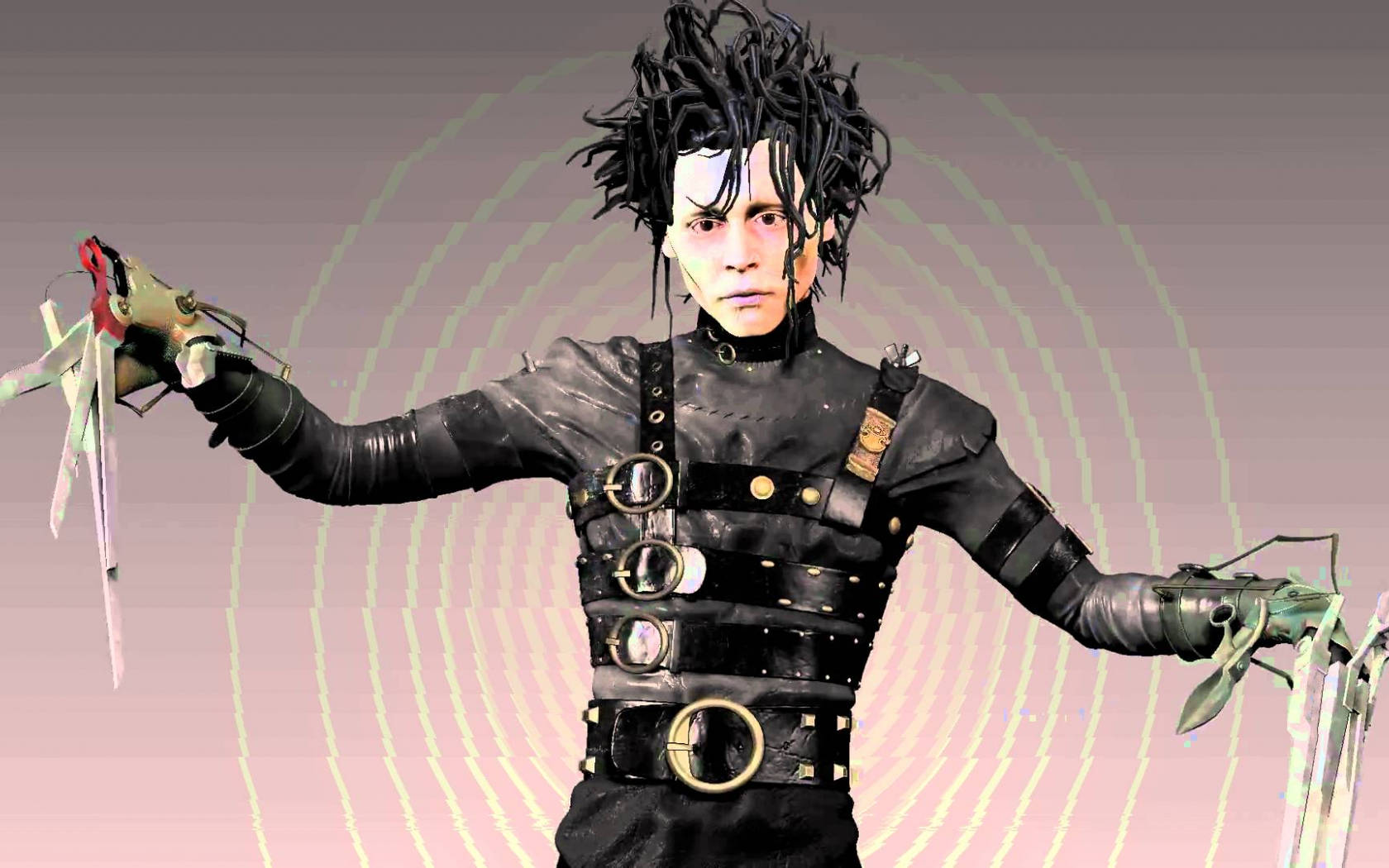 Edward Scissorhands 桌布 壁紙 — 一個風格化的愛德華剪刀手人物，身穿黑色皮革盔甲，擁有金屬剪刀手，背景為漩渦漸變。